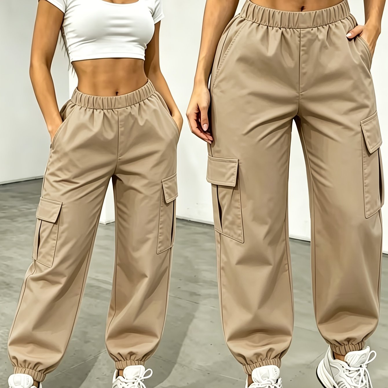 TEMU Women's Cargo Pants With Multi- Trousers & Drawstring Joggers - Solid Color Suitable For Spring/autumn Commuting, Outdoor,, Travel | Machine