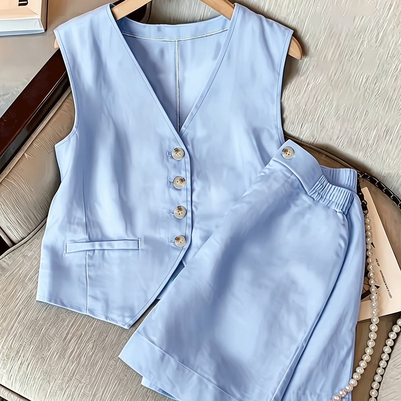TEMU 2pcs Set Of Women' Color Front-button Sleeveless Top And Shorts