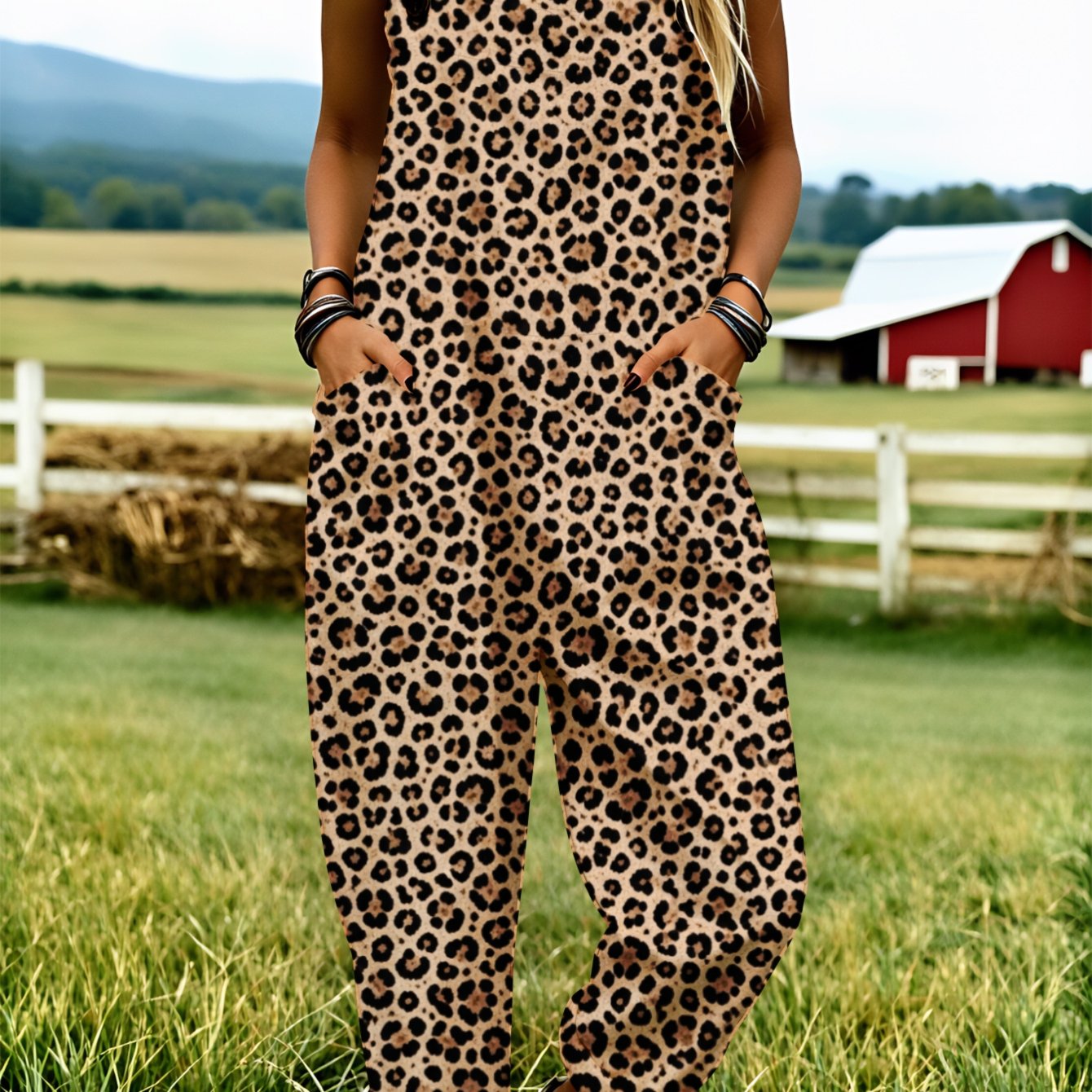 TEMU Plus Size Women's Overalls 0xl-5xl Leopard Print Style Comfortable And Breathable Loose-fitting Overalls Clothing Suitable For Spring, Summer,