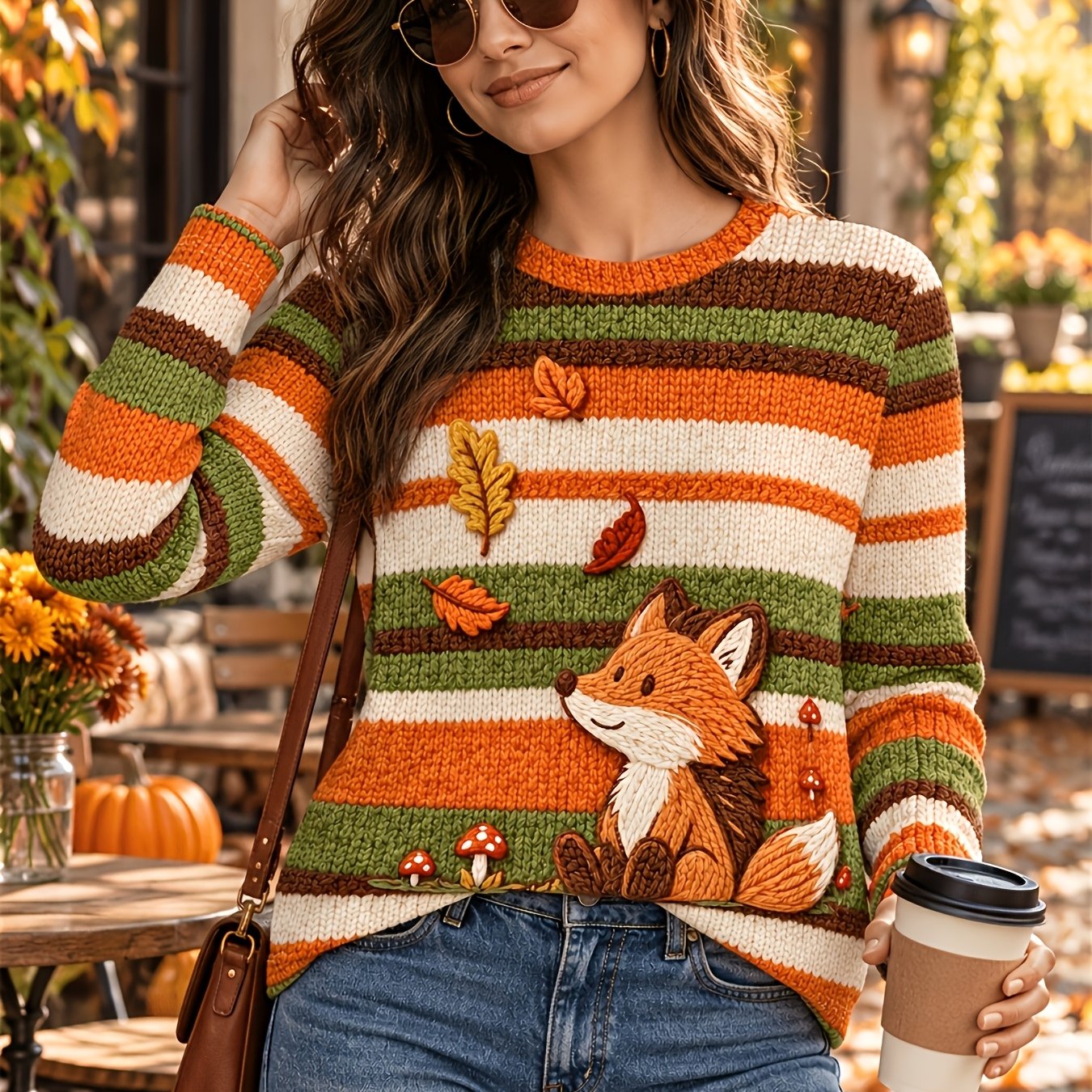 TEMU Printed Design – Non-textured Standard Size Women's Apparel, Striped Print Long Sleeve Top, Vintage Mushroom And Fallen Leaves Visual Crew Neck