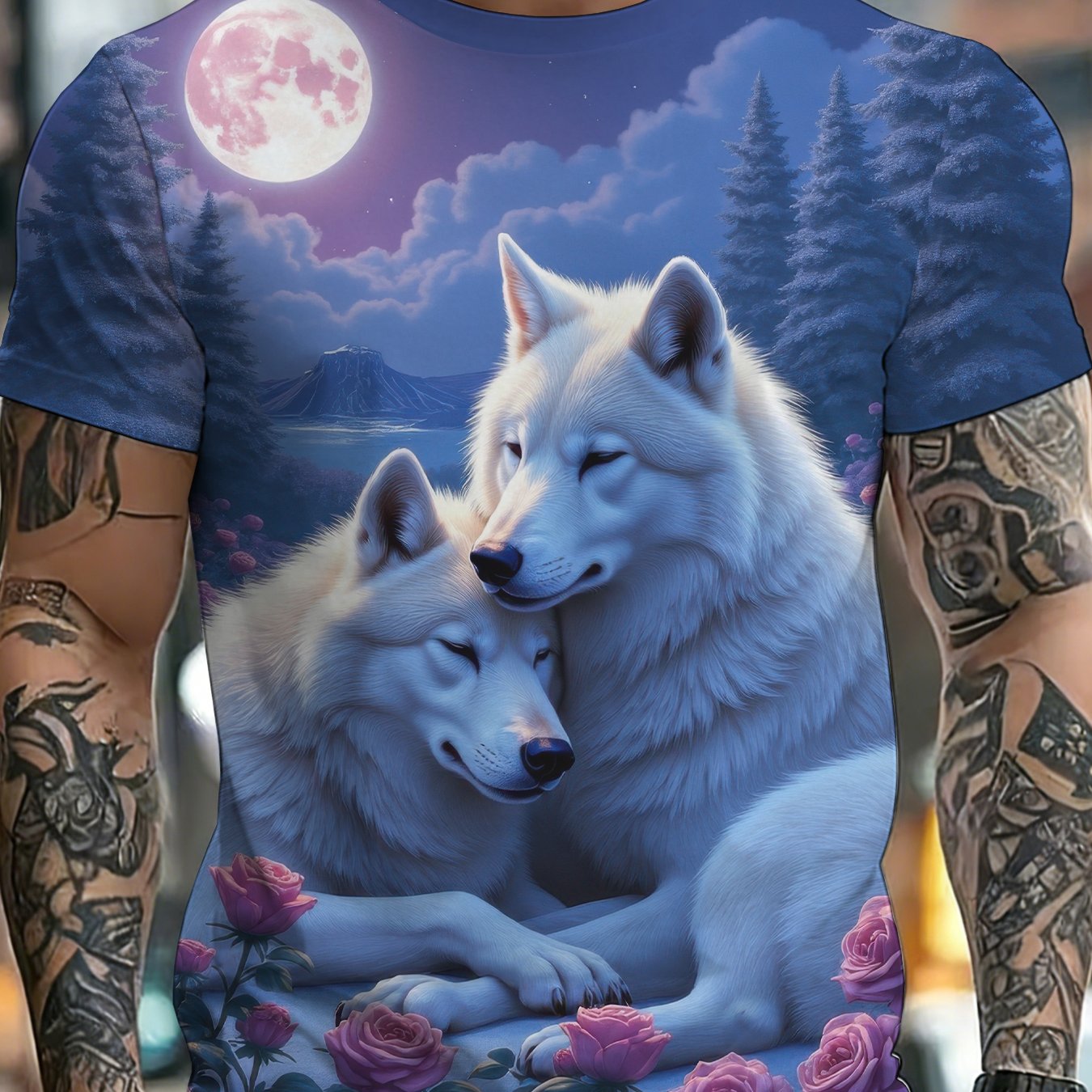 TEMU Men's Novelty Fashion T-shirt, Trendy Printed Short Sleeve With Romantic Forest White Wolf And Pink Rose Illustration. Machine Washable, Soft,