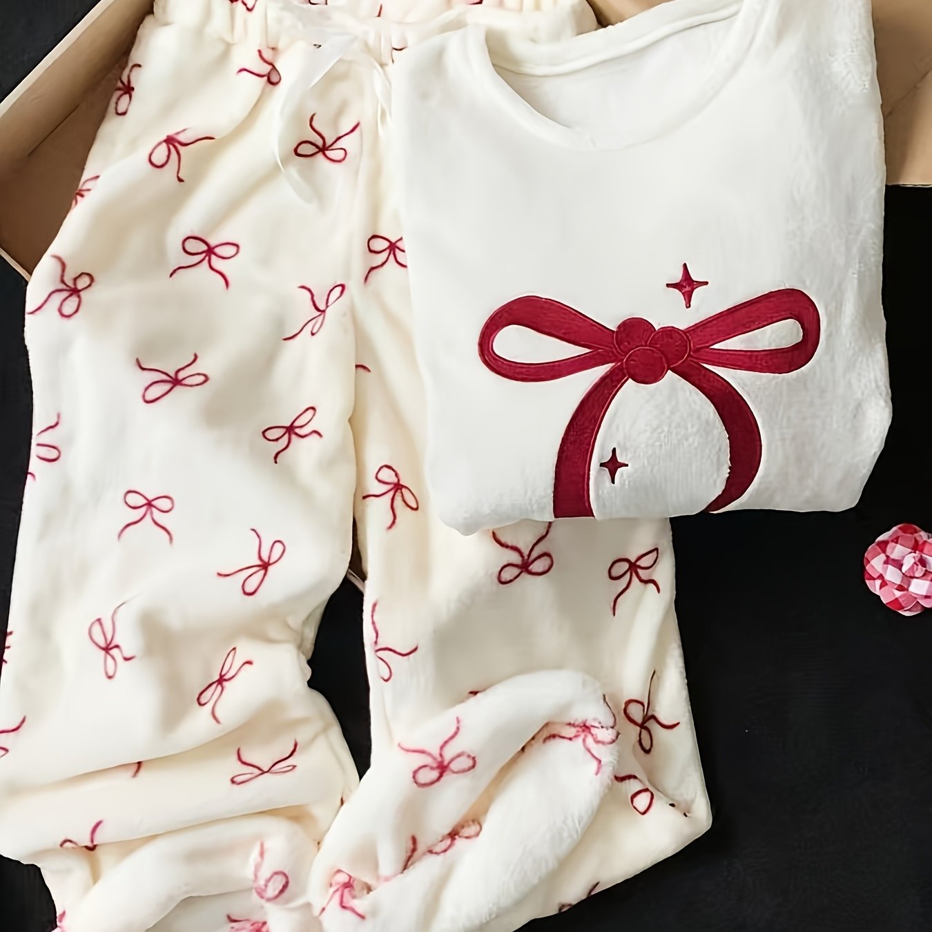 TEMU New Autumn Winter Women's Bow Round Neck Off-shoulder Long Sleeve Loose Pajama Set