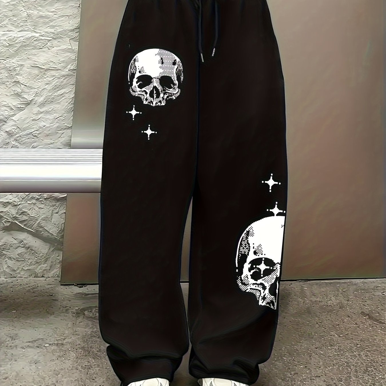 TEMU Dark Skull Star Pattern Printed Casual Straight-leg Pants, Women's Loose Wide-leg Long Trousers With Elastic Waistband And Drawstring, Suitable