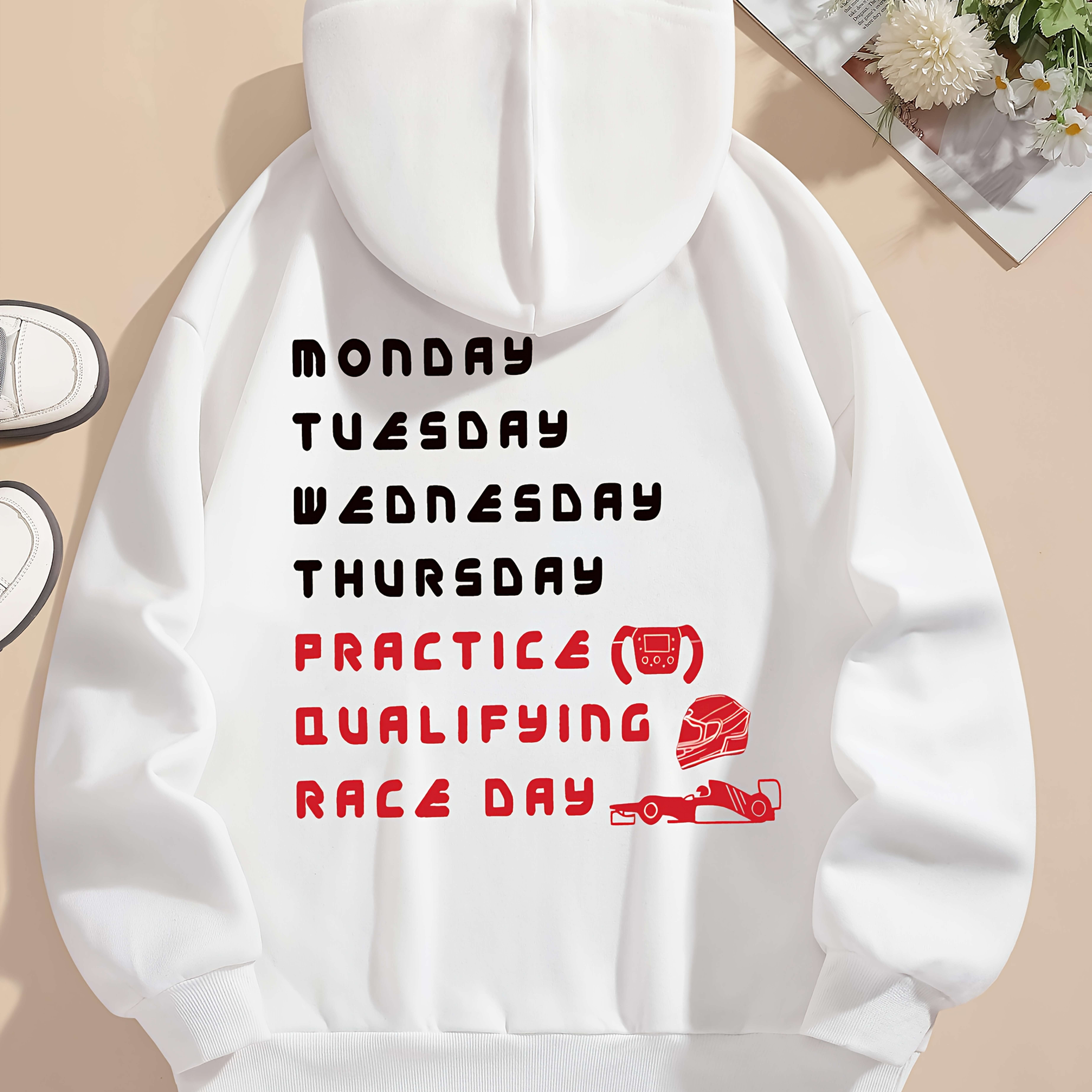 TEMU Men's Casual Hoodie With "monday To Practice Qualifying Race Day" Graphic - Design, , Drawstring Hoodie, Casual Wear Hoodie | Cartoon Print