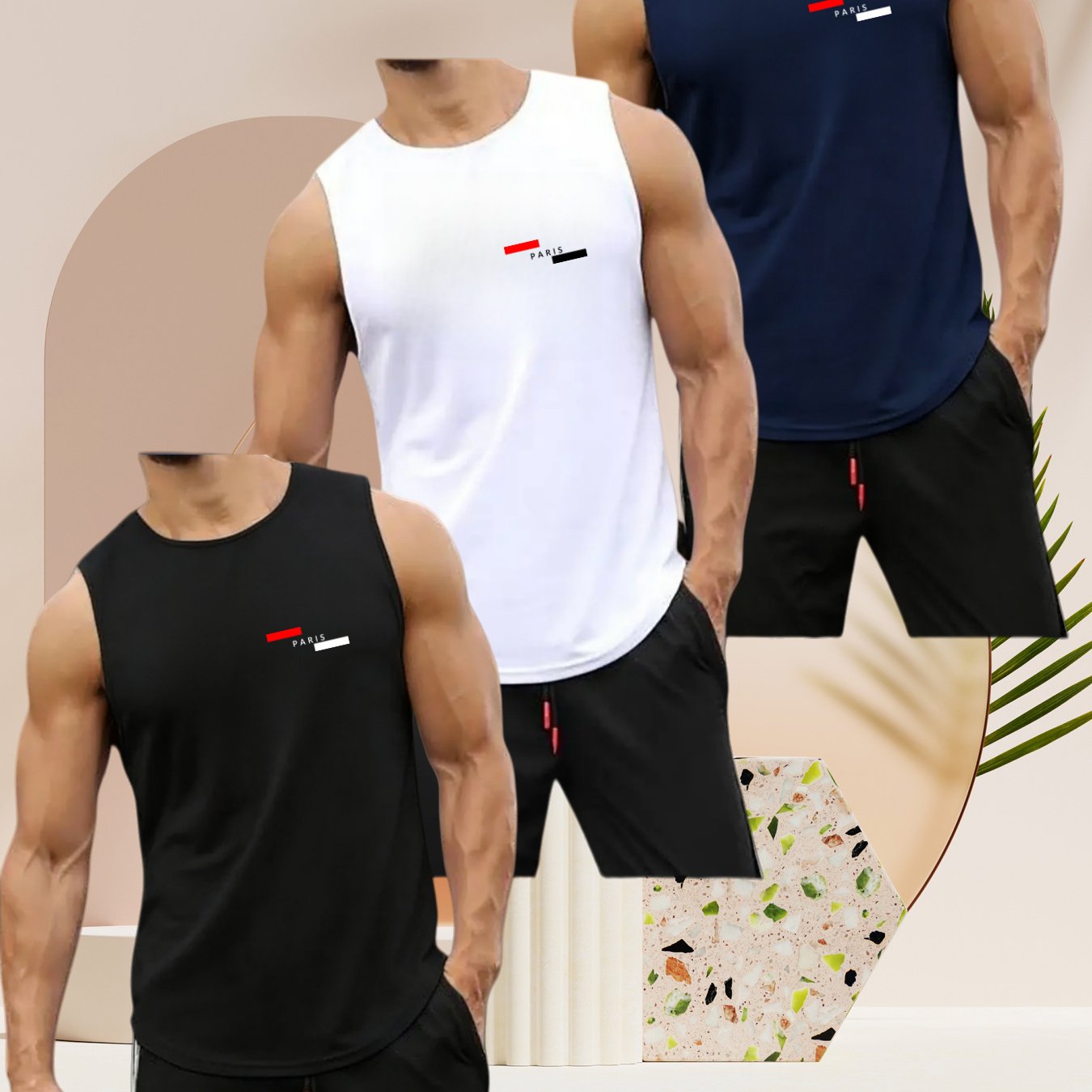 TEMU 3pcs Summer Men's Sports Tank Tops, Paris , Breathable And Moisture-wicking, Versatile Style For Fitness And Leisure