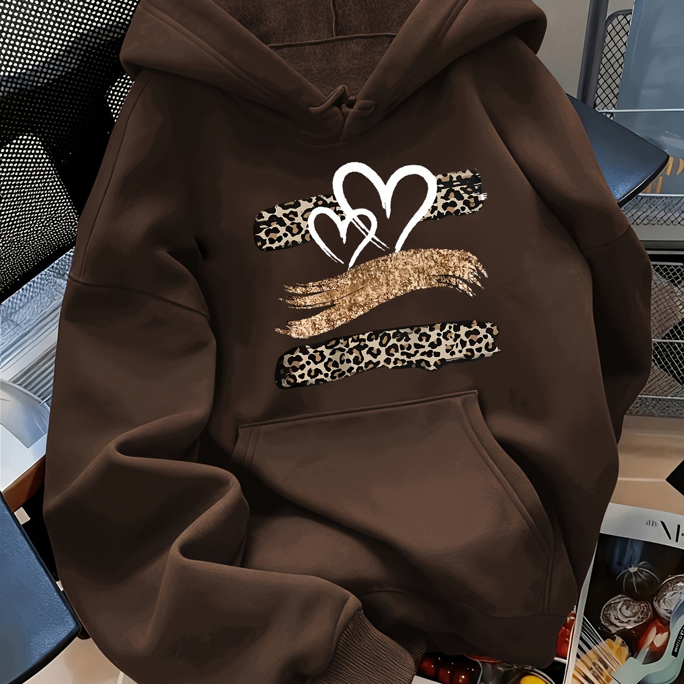 TEMU Sweat à capuche pour femme, coupe d'automne/hiver - Pull doublé, motif léopard à coups de pinceau avec double , haut à manches longues avec à