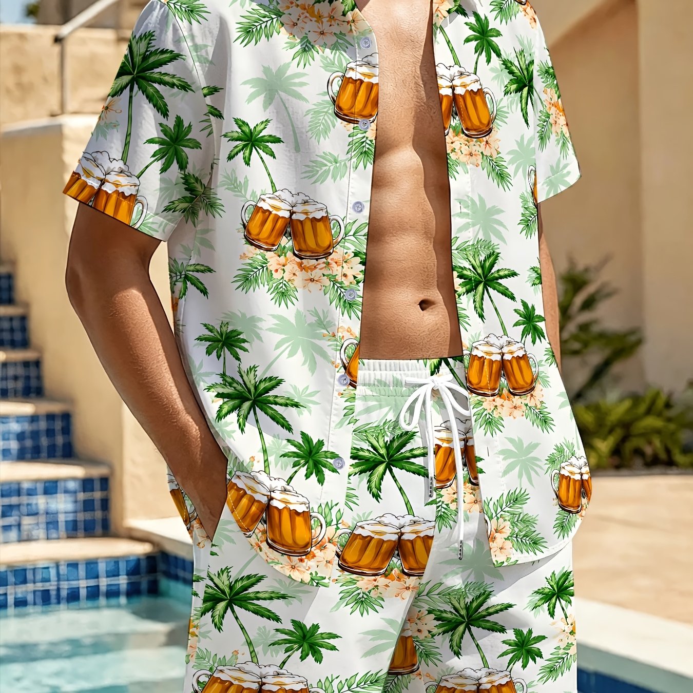 TEMU Men's 2pcs Set With A Short-sleeve Print Shirt And A Beer Mug Design, Perfect For Casual Beach Vacation Outfits