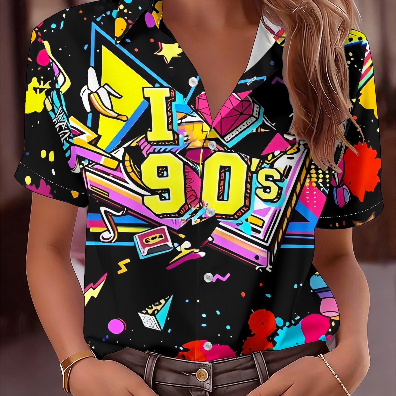 TEMU Women's Casual Short Sleeve Shirt, Machine Washable Women's Top, Trendy Button-up Shirt