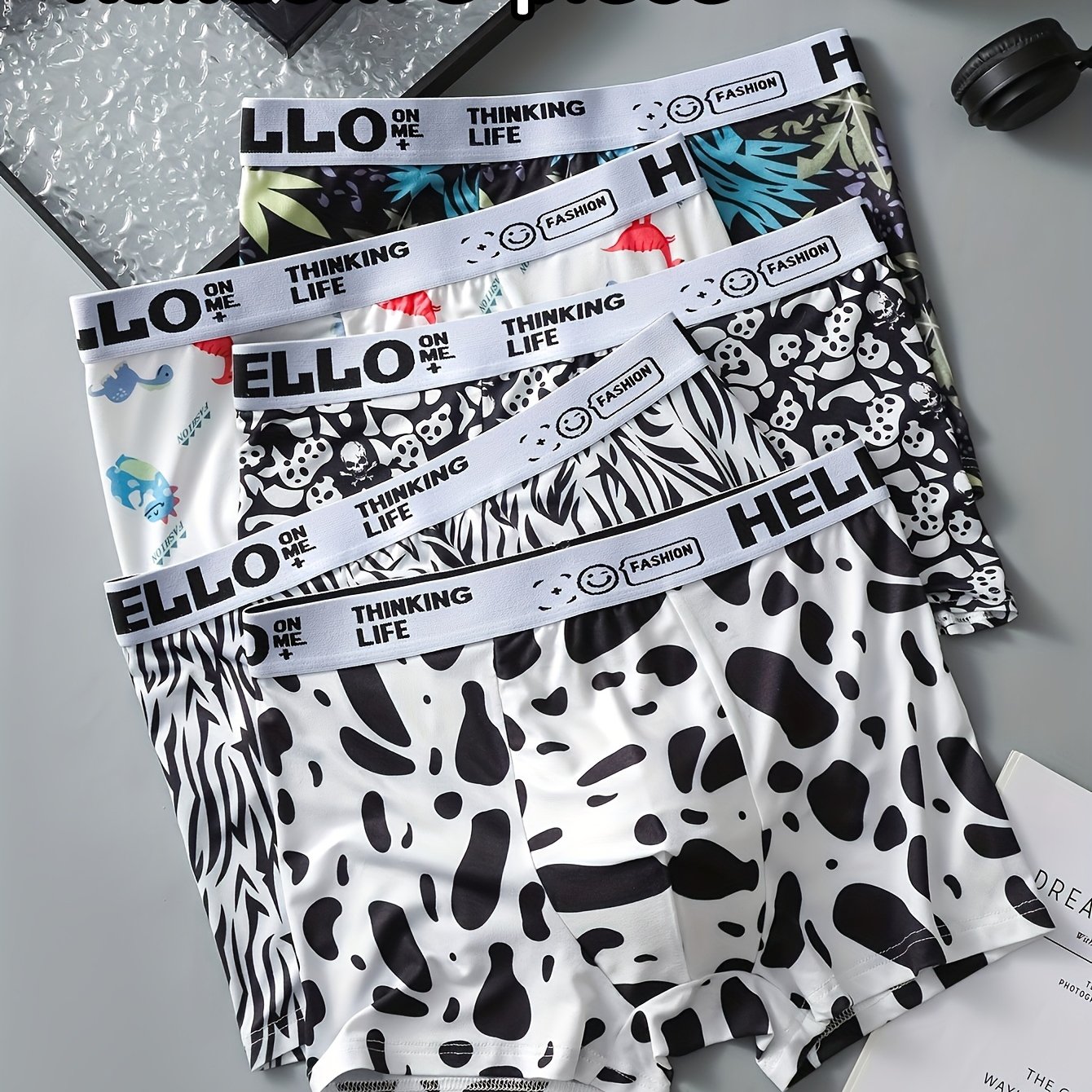 TEMU Random 5pcs Men's Boxer Briefs, Men's Letter Waistband Fashion Print Breathable Comfortable Boxer Shorts, Elastic Sports Shorts, Men's Casual