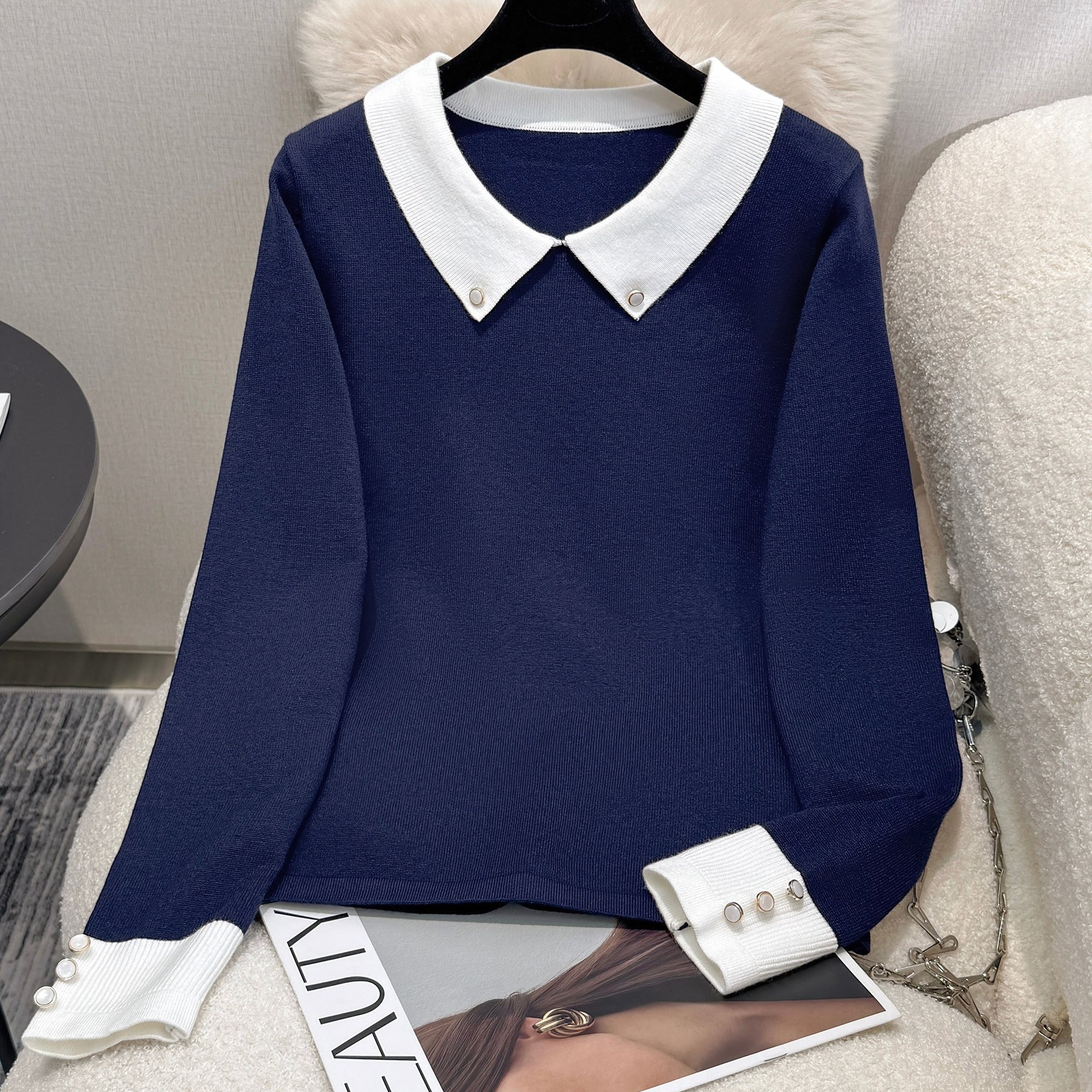 TEMU New Autumn And Winter Color- Long-sleeve Pullover With A Doll Collar For Women, Featuring A Short Knitted Sweater With A Lapel.