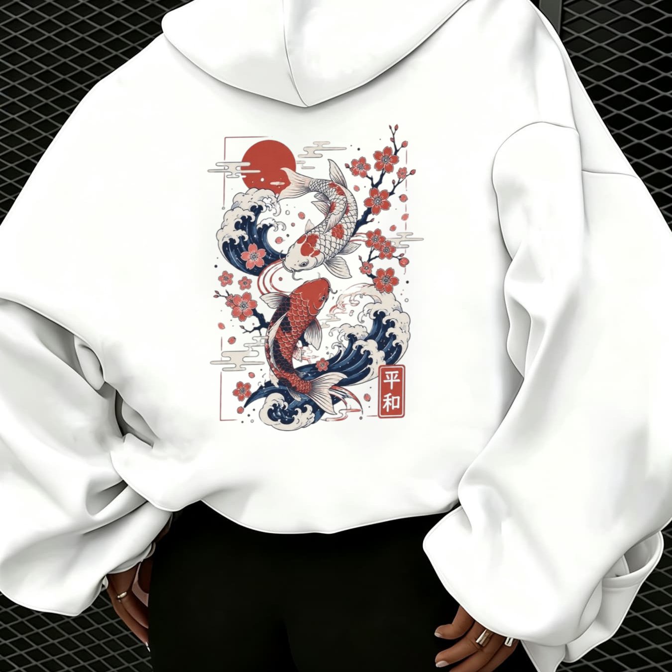 Image of Autumn Winter New Fleece Casual Hoodie Women Koi Print Wave Sakura Graphic Loose Fit Warm Comfortable Streetwear Daily Relaxed Drop Shoulder
