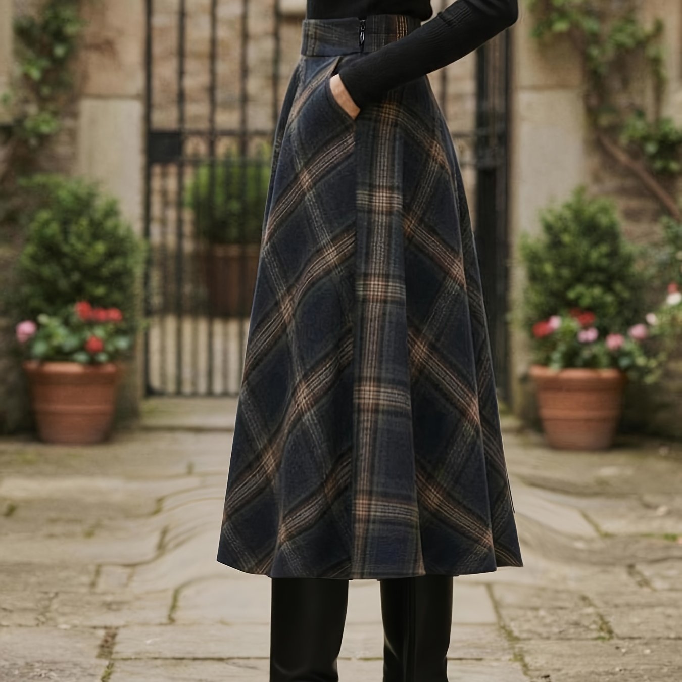 TEMU Vintage Navy Blue Midi Skirt, High Waist With Pockets, Draping A-line Flared -style Skirt, Hip-covering Versatile Umbrella Skirt