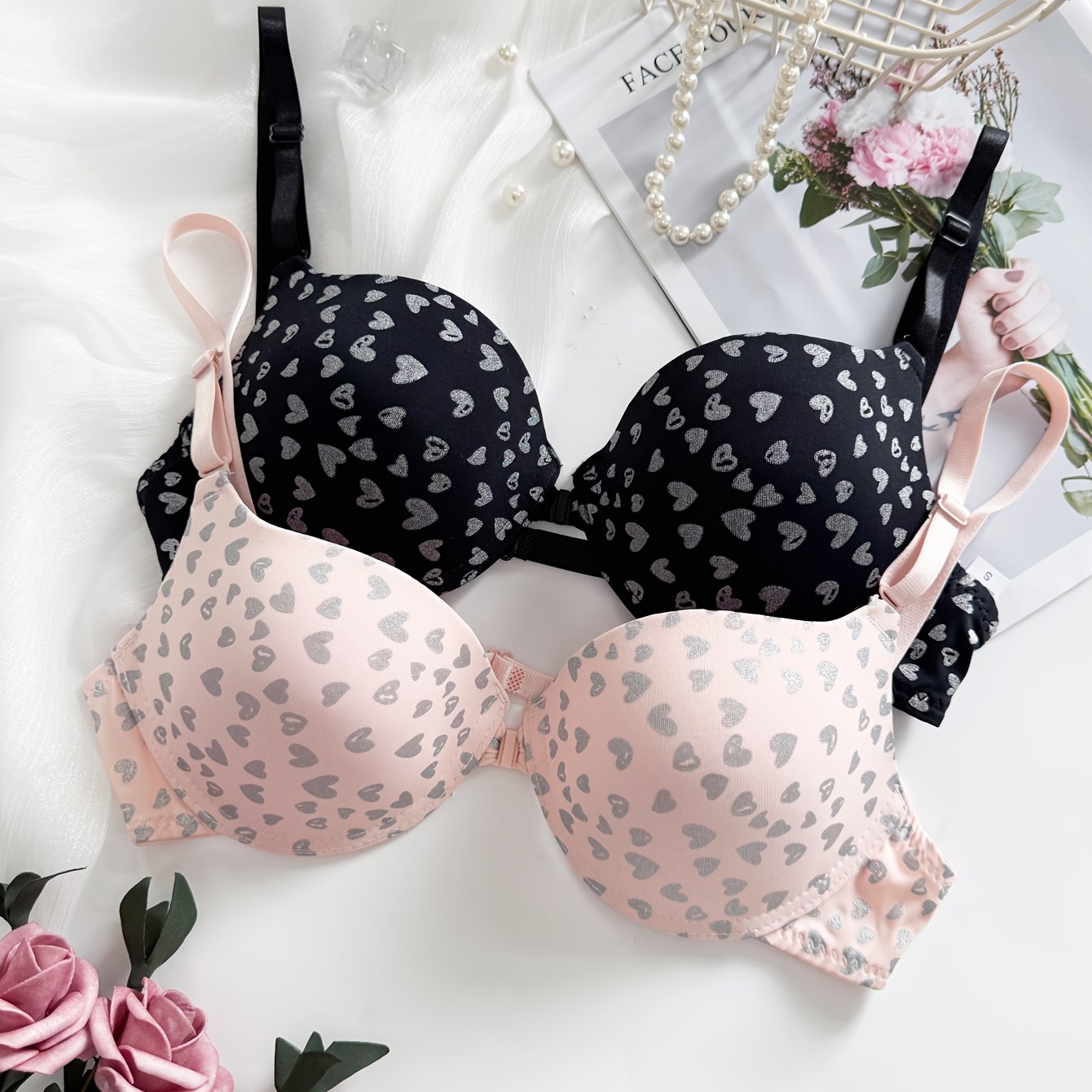 TEMU 2pcs Set Front-closure Gathering Bra With Underwire And Heart Pattern Bra