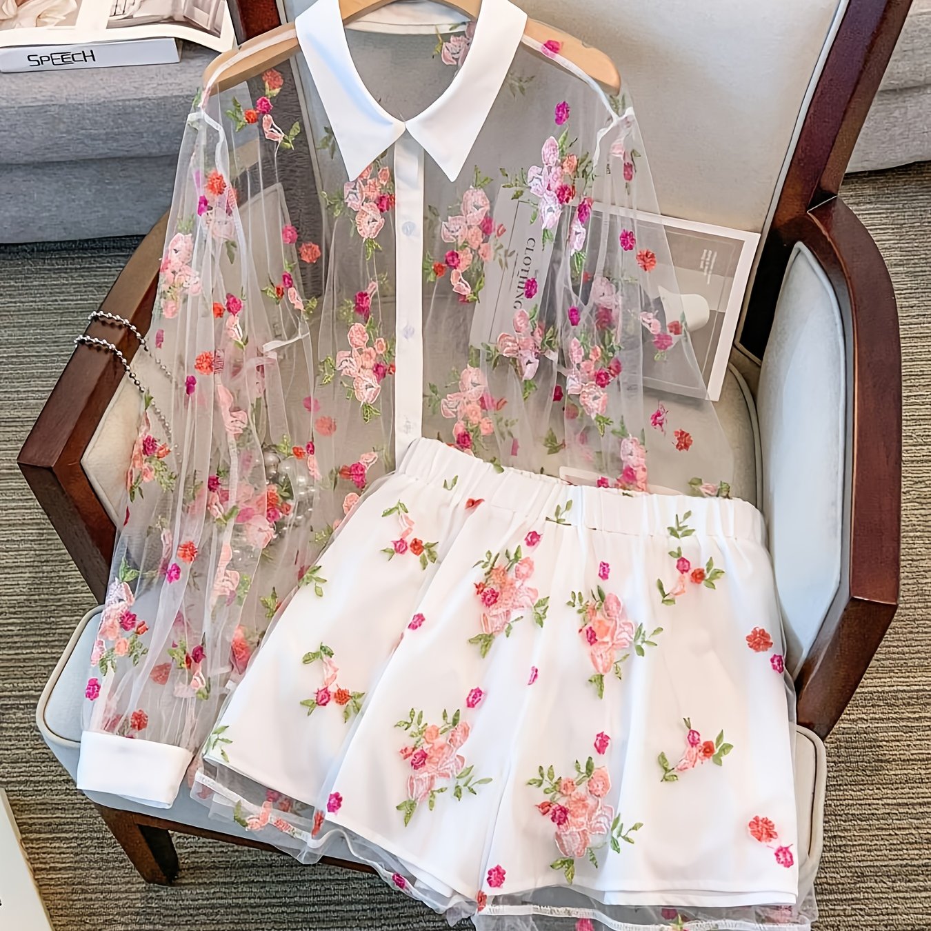 TEMU Plus Size, Plus Size Women's 2pcs Set: Transparent Embroidered Floral Shirt, Top, And Shorts For Stylish Casual Summer Wear