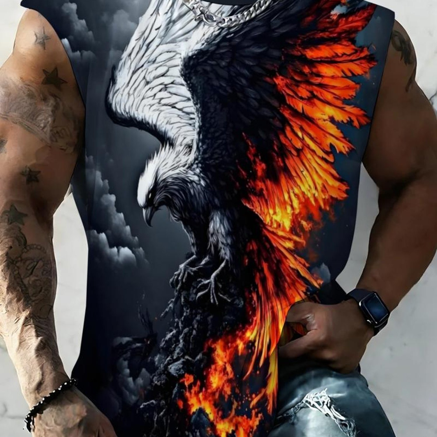 TEMU Plus Size Men's Vest, Mixed Color, Multiple Specifications , Polyester Material, Featuring A Mythical Bird (eagle - Phoenix Hybrid) Print,