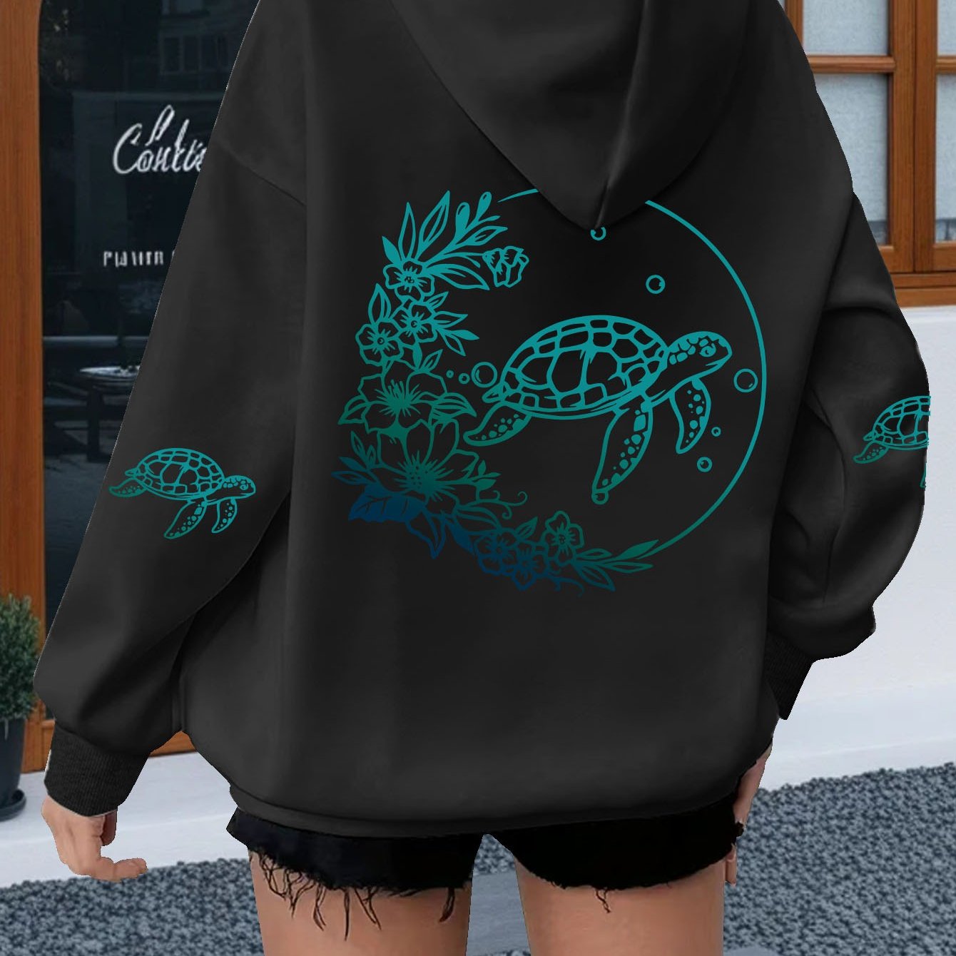 Image of Women's Gradient Sea Turtle Floral Pattern Hoodie, Casual Drawstring Hooded Long Sleeve Kangaroo Pocket Sweatshirt, Women's Apparel