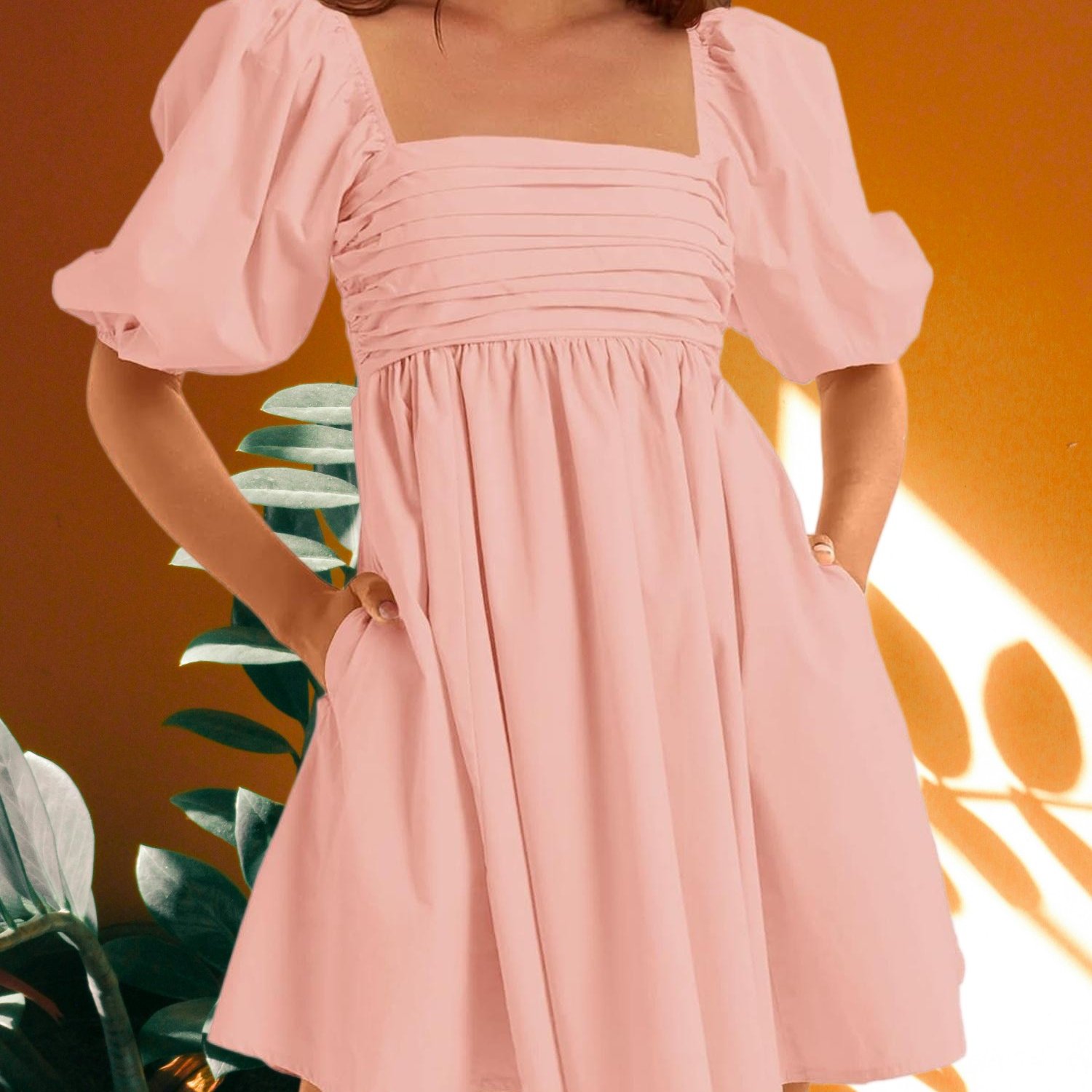 Image of Women' Neck Babydoll Mini Dress, Half Puff Sleeve High Waist A-line, Backless Smocked Casual Short Dress