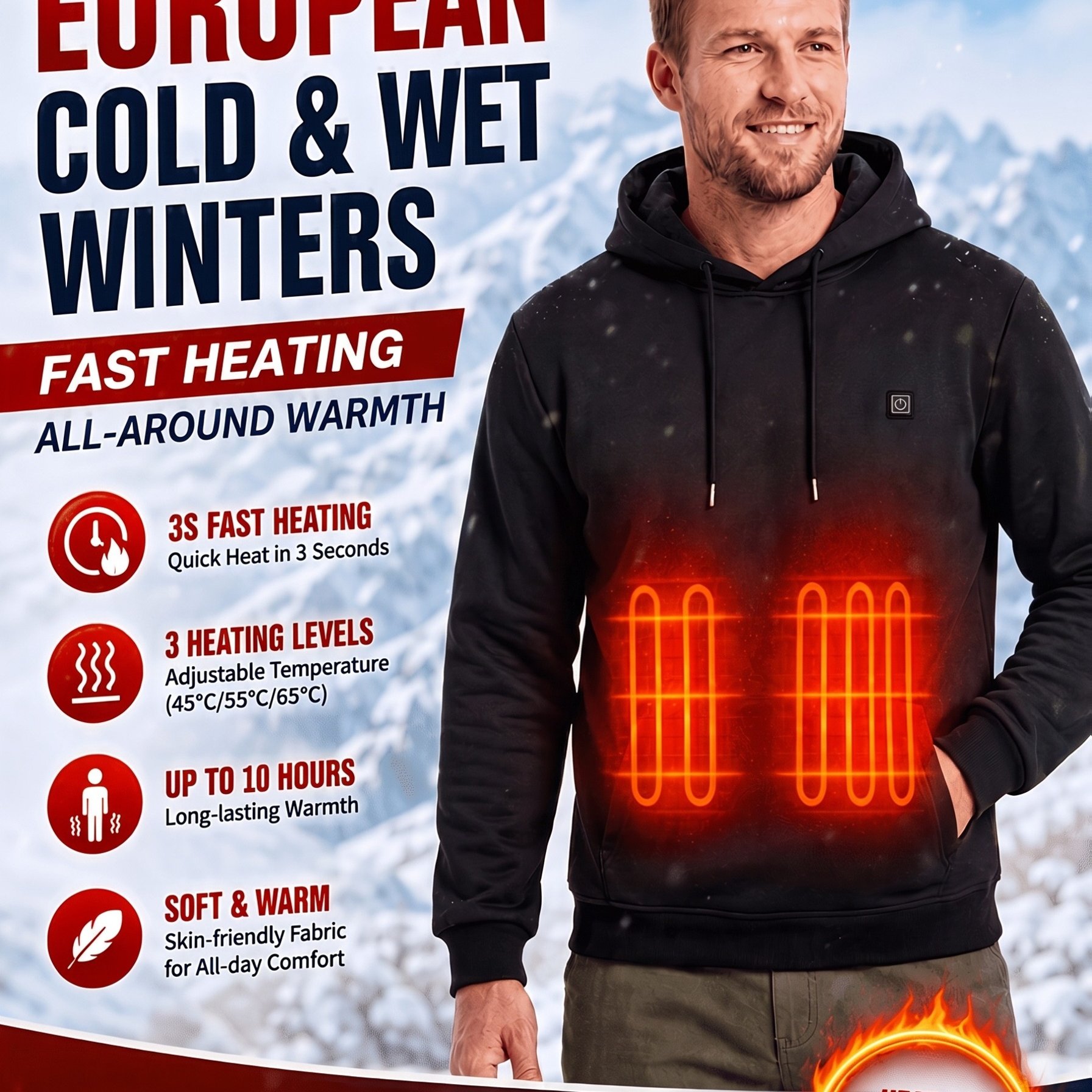 TEMU Men's Autumn/winter Smart Heated Hoodie, 38 Heating Zones, 3 Temperature Settings, Warm And Quick-heating Electric Heated Top, Suitable For