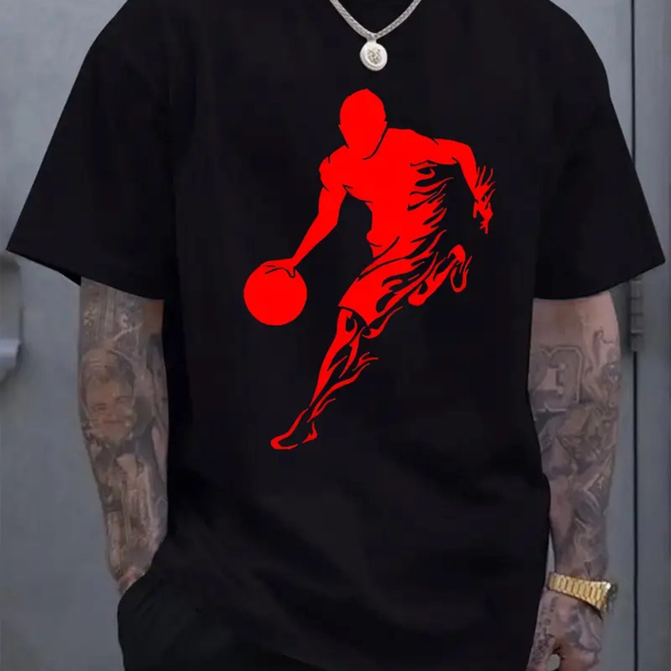 Image of Plus Size Men's T-shirt 100% Cotton, Basketball Sport Style Printed Short-sleeve T-shirt, Comfortable Casual Summer Tee, Plus Size