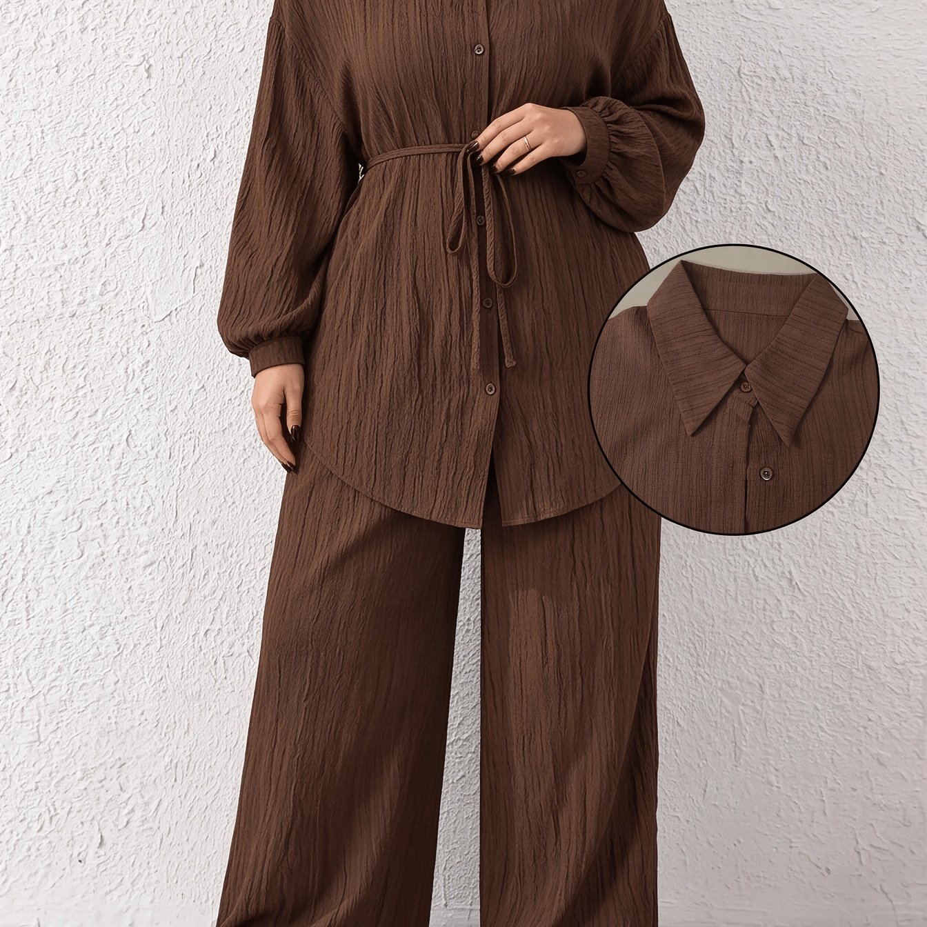 Image of Solid Shoulder Single-breasted Top With Wide Leg Pants Casual Suit