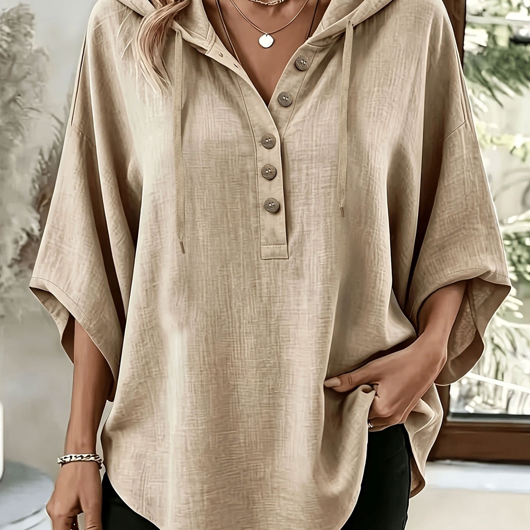 TEMU Plus Size, Plus Size Women's Loose Batwing Sleeve Half-button Versatile Casual Shirt Top
