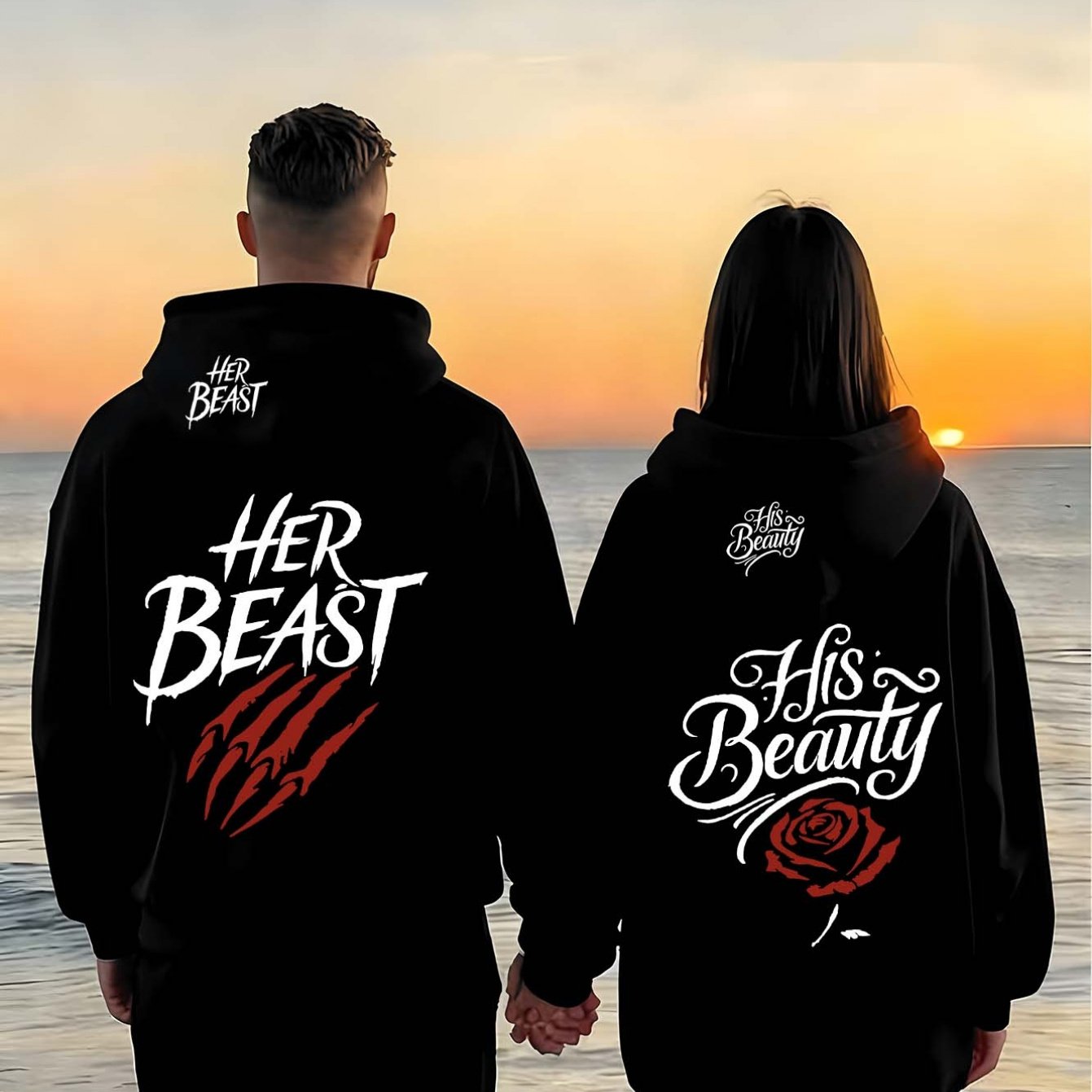 TEMU 2pcs Couple Hoodie Set, Rose Claw Couple Print, Contrast Sweet , ! High Sweet Atmosphere And Identification Combination, Sweet Dressing Attitude