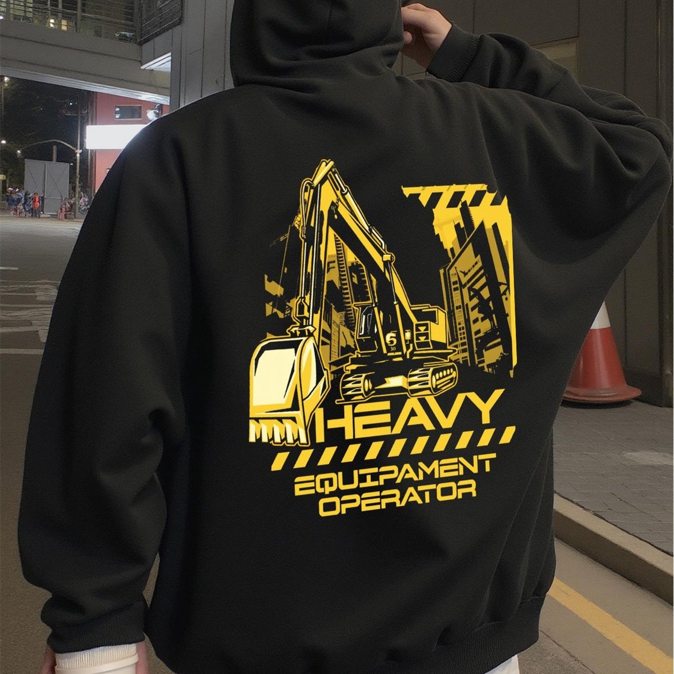 TEMU Sweat à capuche pour opérateur d'équipement lourd pour hommes - Pull imprimé épais pour chantier avec motif excavatrice et bulldozer, noir avec