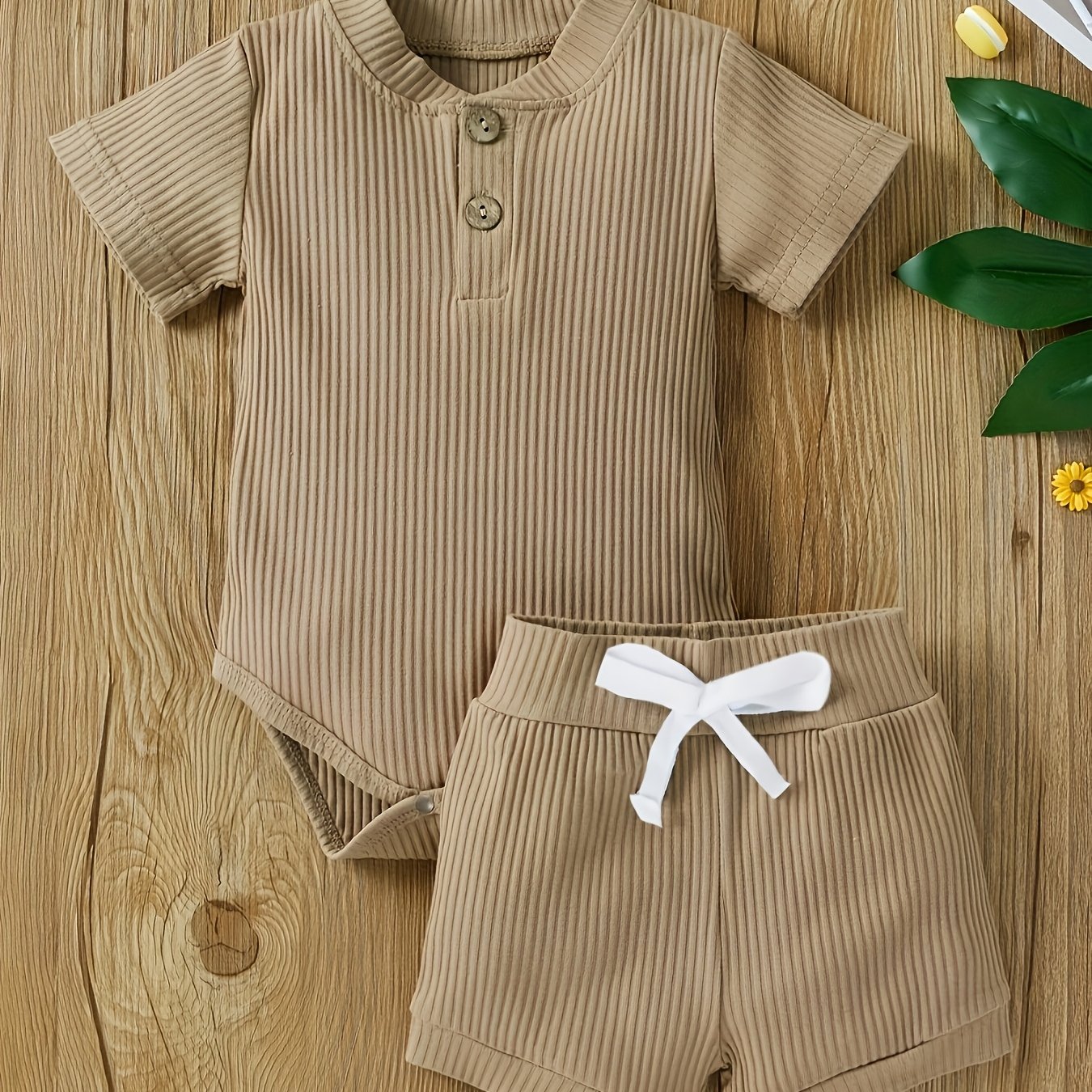 Image of Txf100676h Summer ' Clothing Set Ribbed Top Unisex Solid Color Short Sleeve Shirt And Shorts 2pcs Set, Perfect For Outdoor,boys And Girls Clothes,christmas,halloween