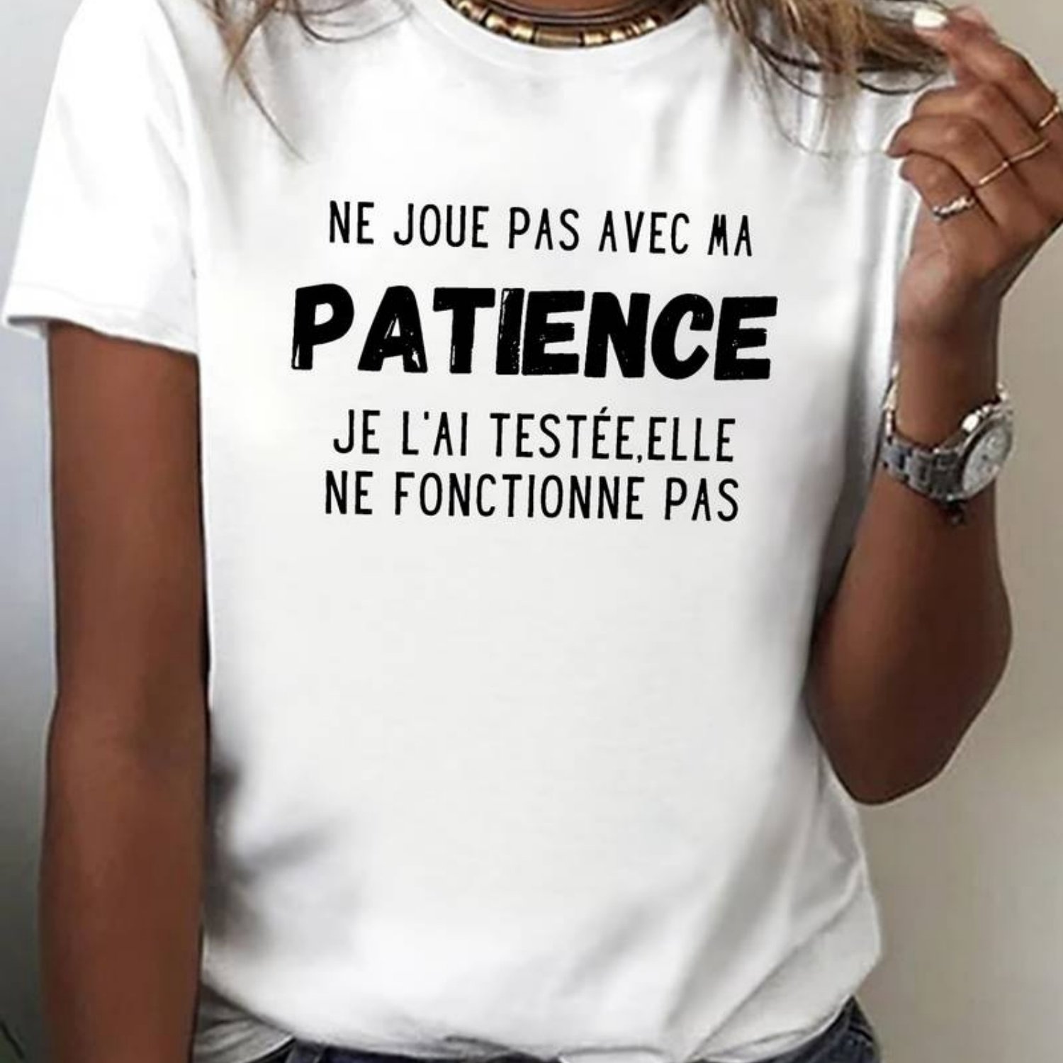 TEMU Women's French T-shirt " Testing Feature" Slogan - French Text " Test De " - Black Casual Short Sleeve Round Neck Blouse - Medium--washable Top