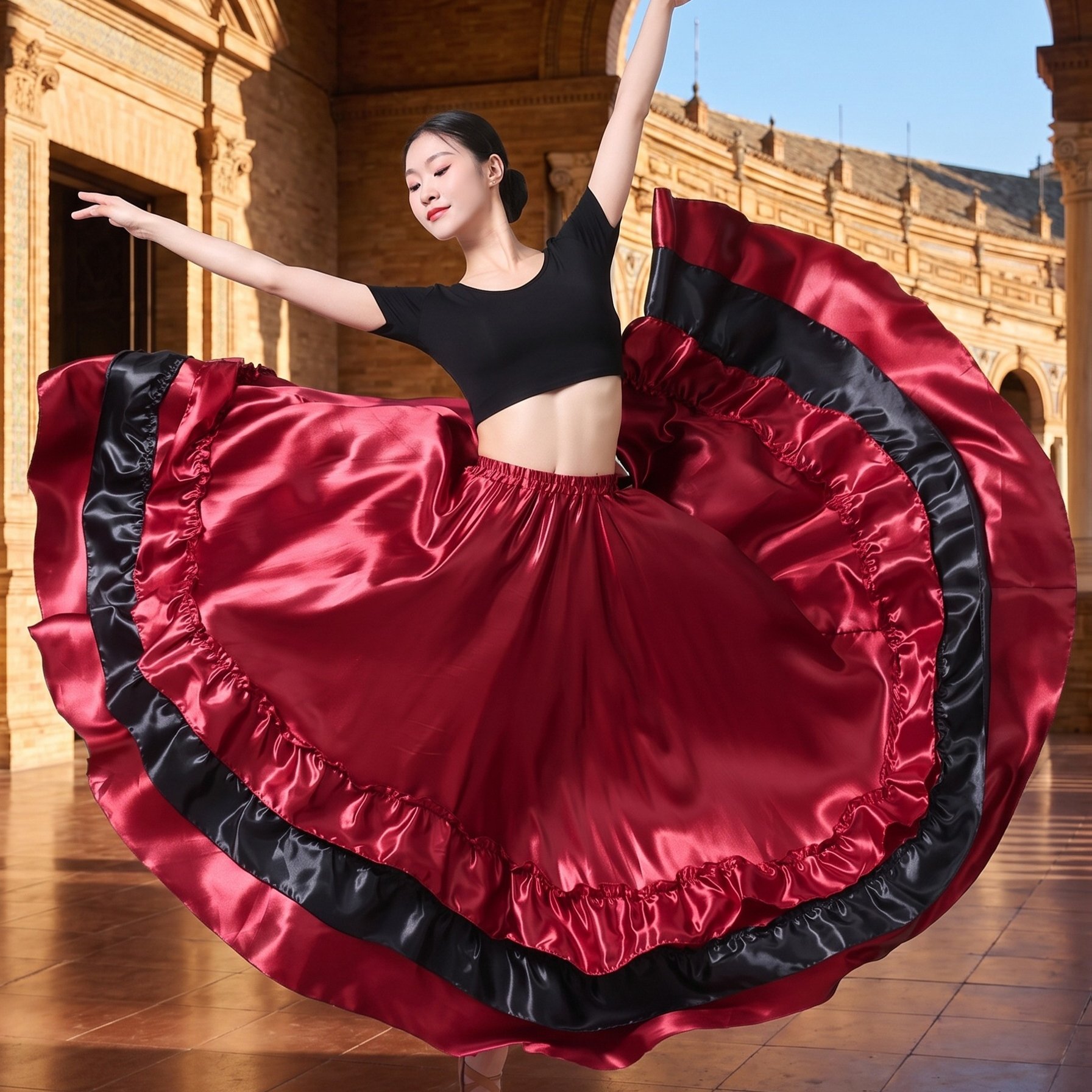 TEMU Spanish Flamenco Dance Sequined Skirt, Belly Dance Half Skirt, 360-degree Opening Dance Flared Skirt, Performance Costume, Show Outfit, Pleated
