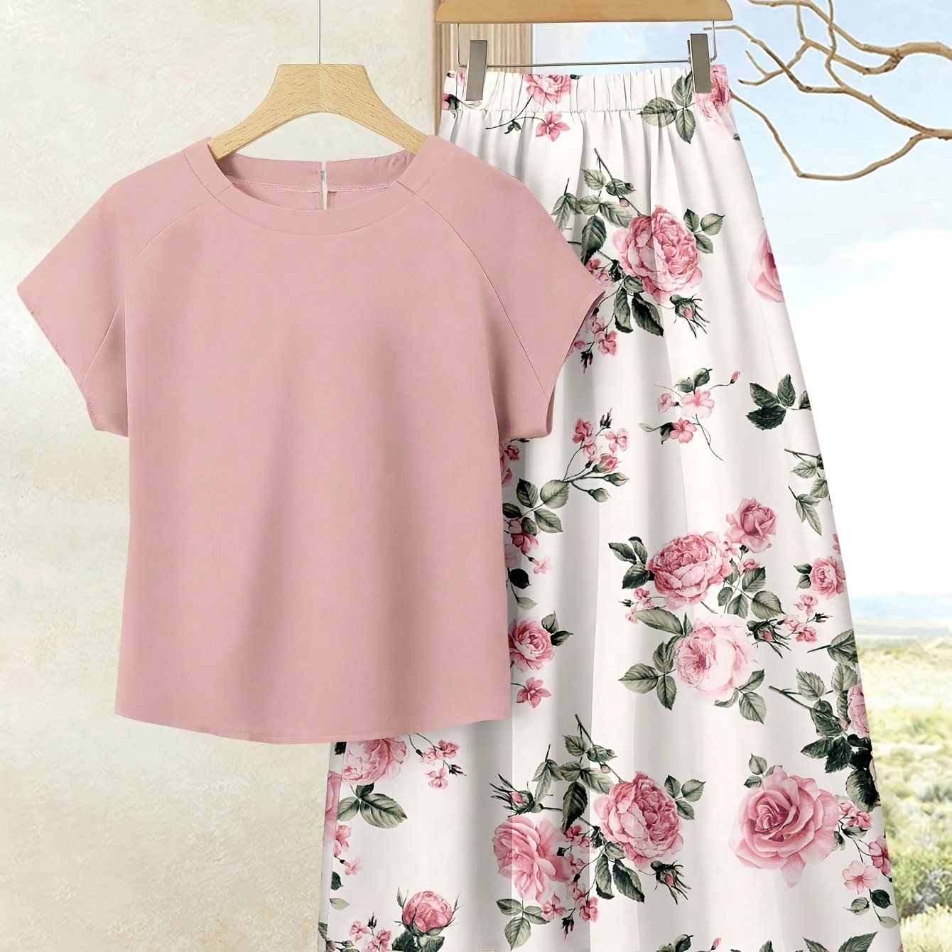 TEMU Women' Color Top And Printed Skirt Set