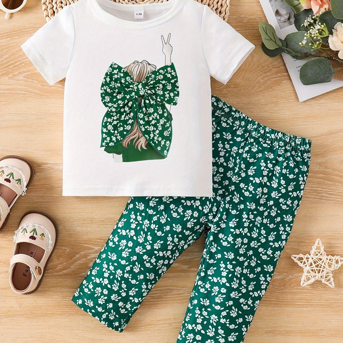 Image of Summer Style Infant Toddler Girls Round Neck Cartoon Print Short Sleeve Top And Floral Print Long Pants Cute 2pcs Set, For Outdoor