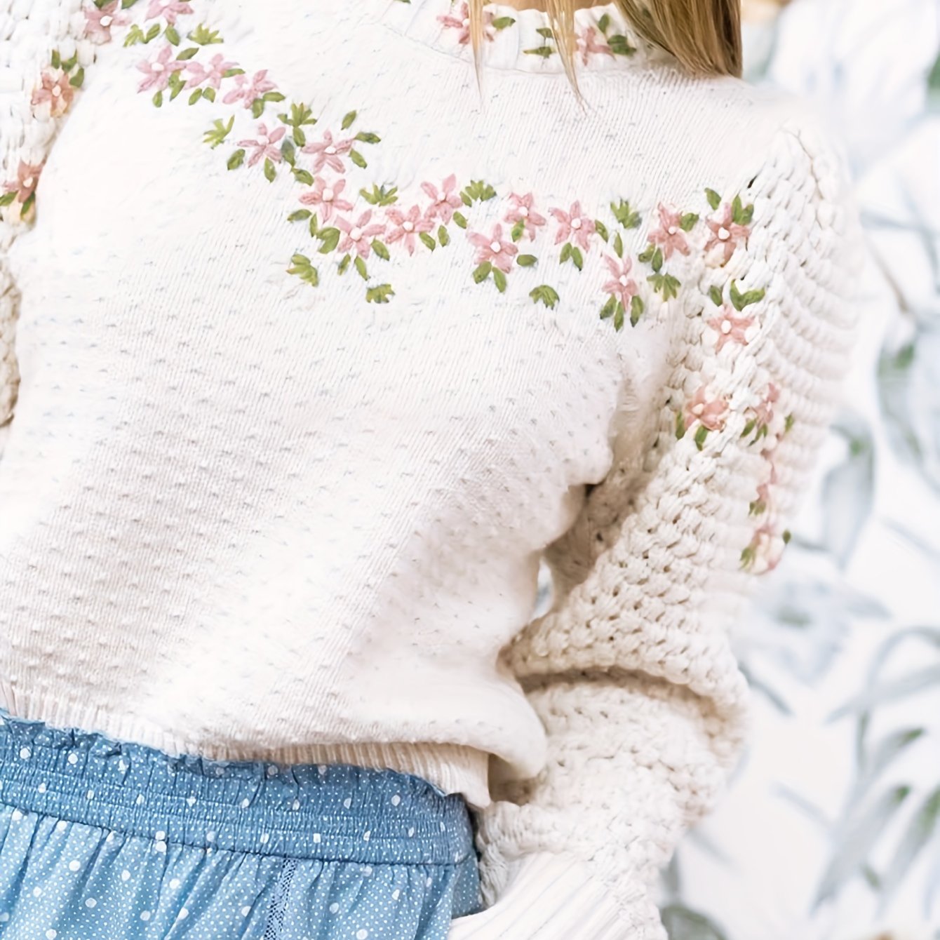 TEMU Women's Versatile Intricate Round Neck Pullover Sweater, Fall Gentle Ladies' Embroidered Floral Premium Sweater, Outfit