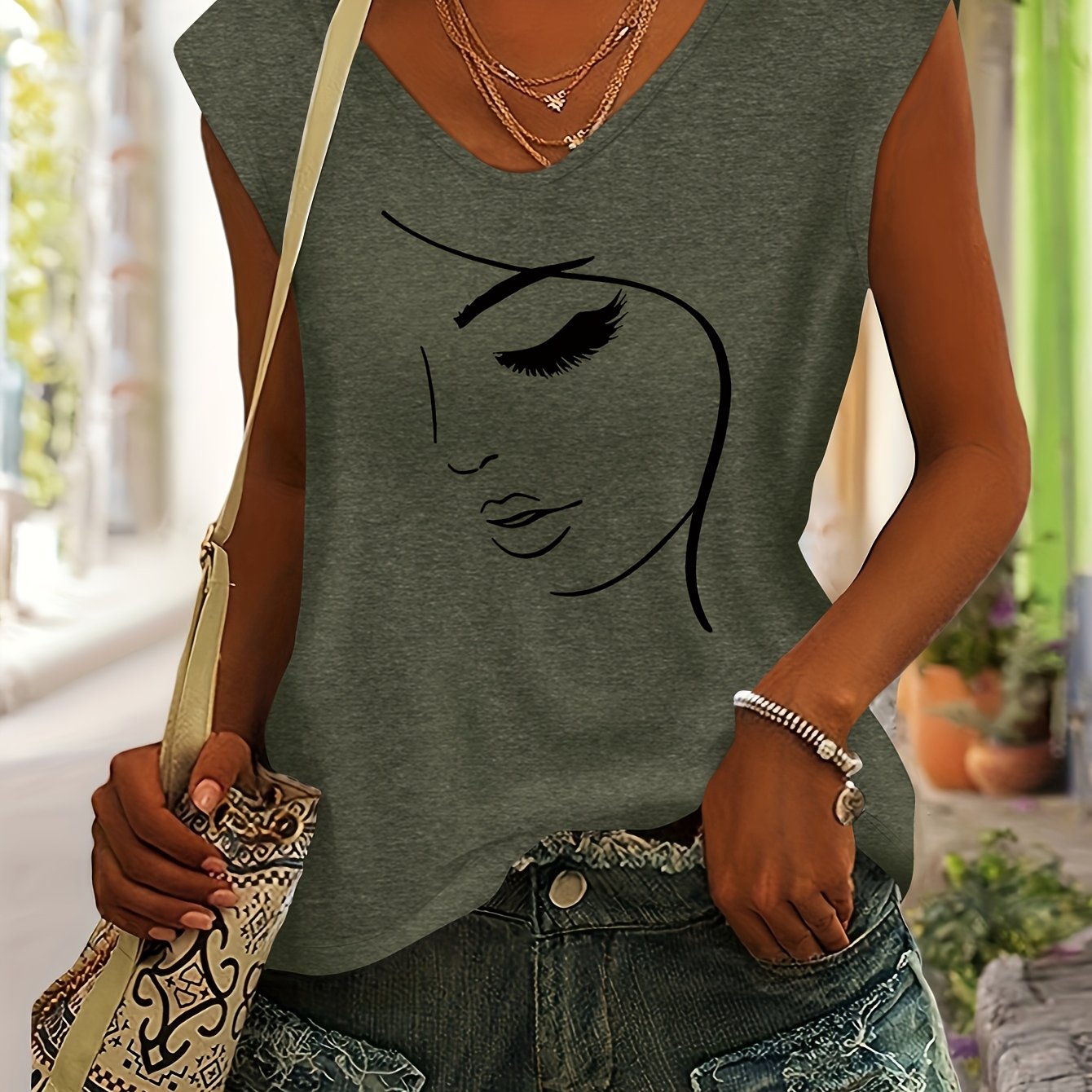 TEMU Fashionable And Chic Abstract Face Pattern Print, European And Women', Casual, And Comfortable Daily Colored V-neck Vest-style Racerback