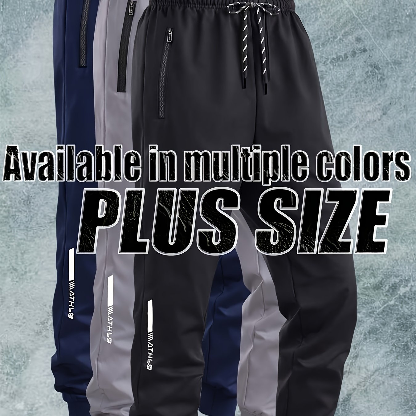 TEMU Men's Casual -size Pants With Letter Reflective Stripe Print, Elastic Drawstring, Double-sided Zipper Pockets. Suitable For Of Outdoor