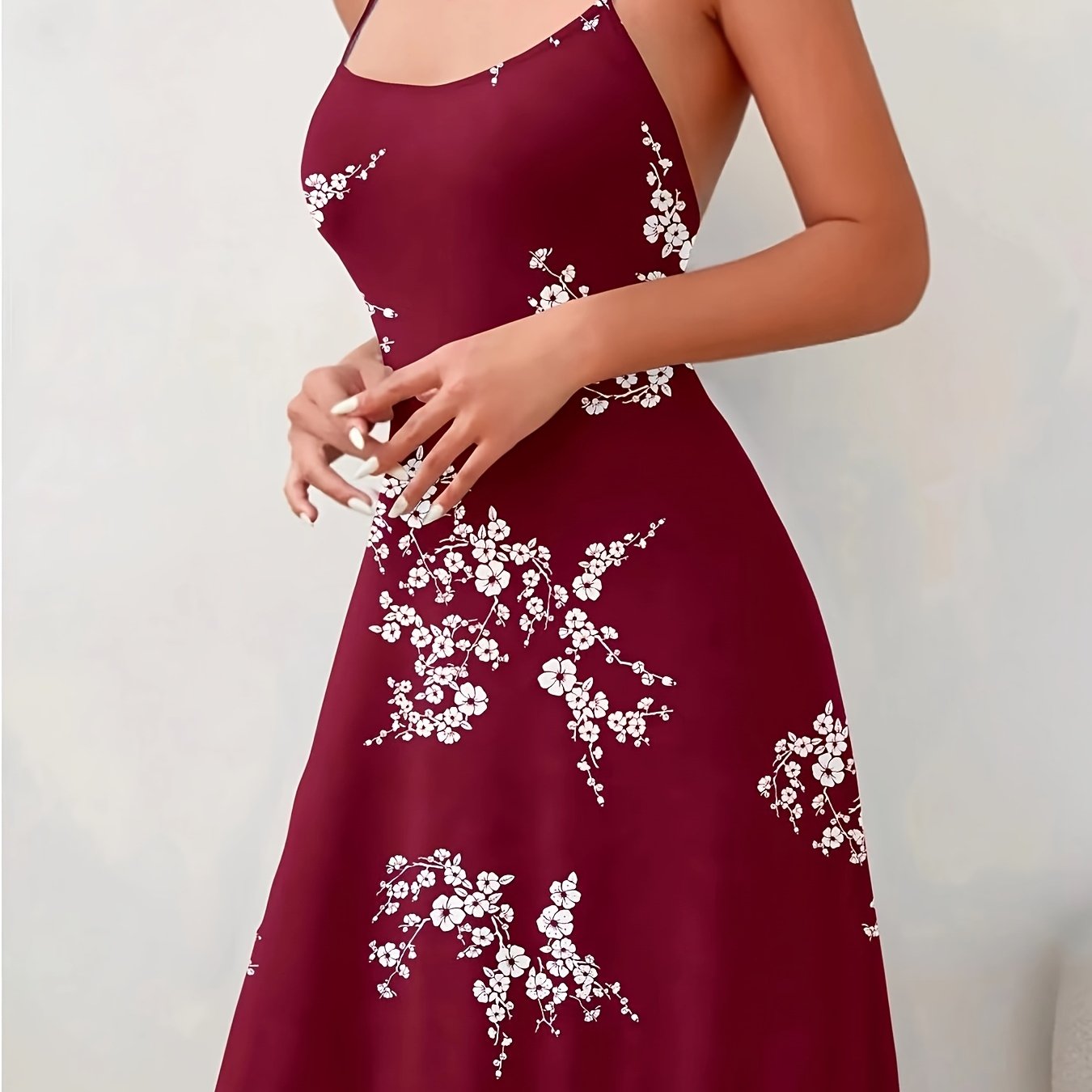 Image of Women's Elegant & Sexy Deep Burgundy Floral Print Spaghetti Strap Nightgown - Machine Washable Lounge Dress For Home & Casual Wear, Loungewear Dress | Floral Print Dress | Feminine