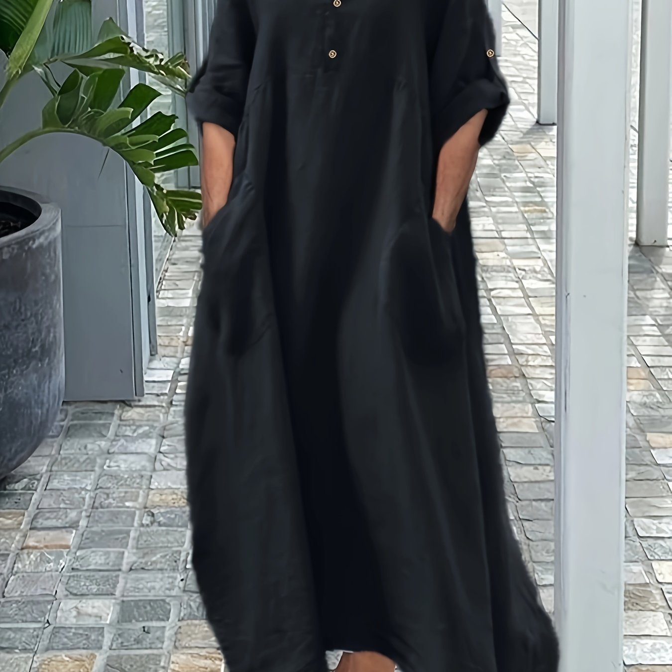 Image of Plus Size, Women's Large-size Round Neck Button Dress With Mid-length Sleeves, Loose Fit, Big Pockets, Casual And Comfortable, Irregular-cut Dress, Perfect For Daily Casual Wear Or Vacation Outfits