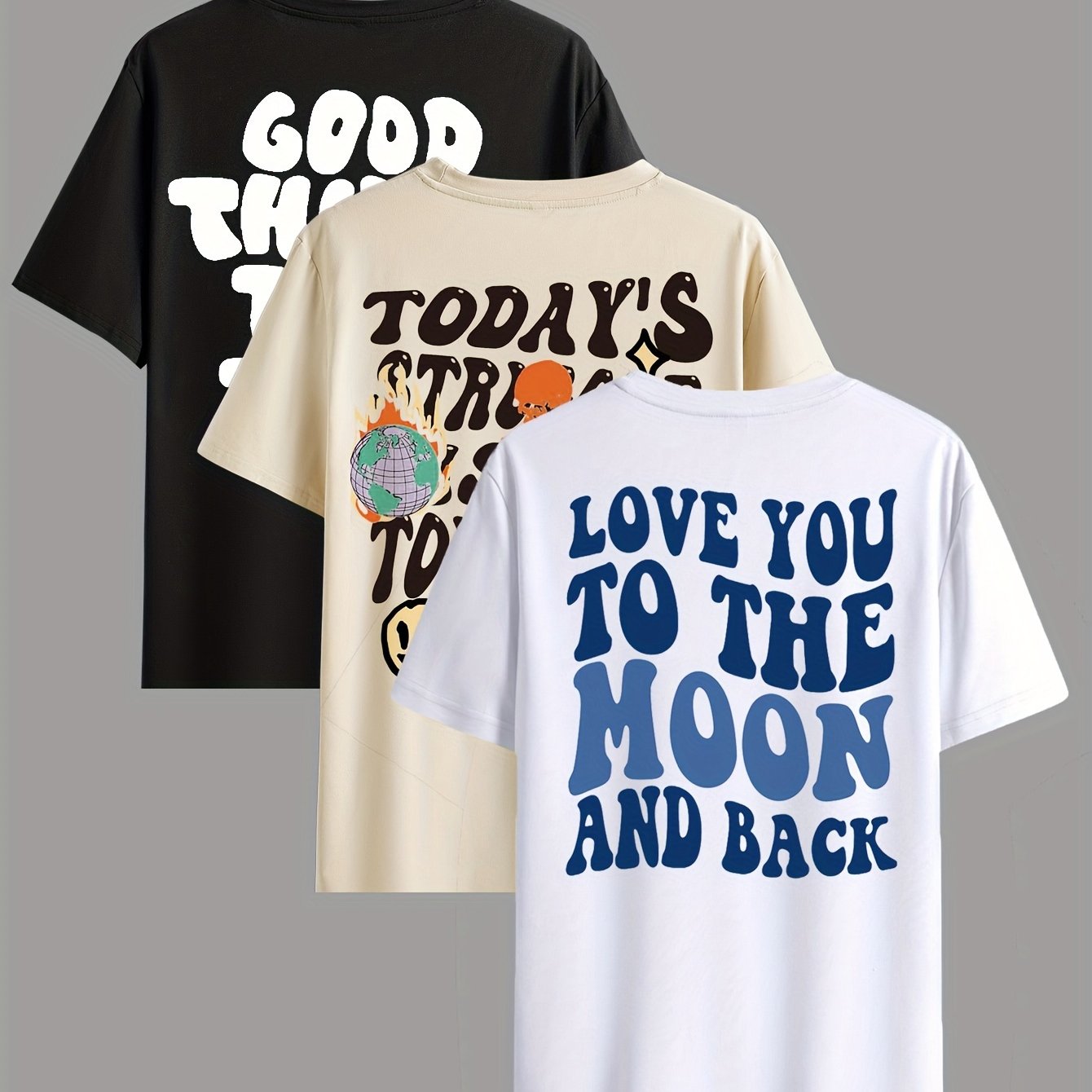 TEMU Letter Pattern Print Men's T-shirt 3pcs Set, Comfortable Travel Essential