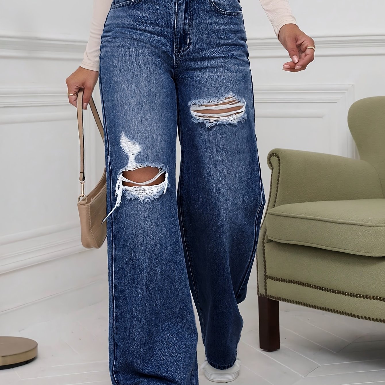 Distressed High-waist Wide-leg Jeans