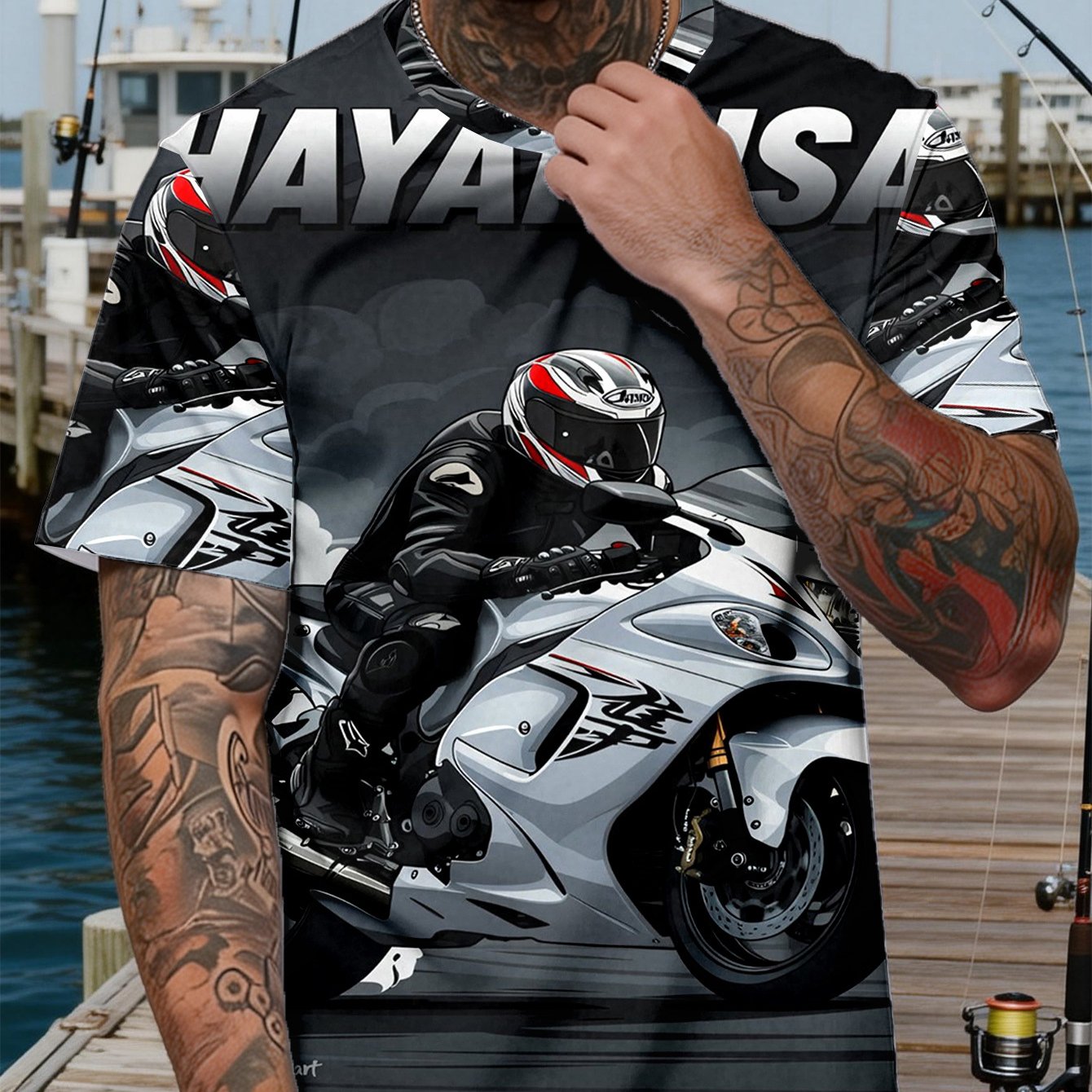 TEMU [printed Design-nottextured] 1pc Motorcycle Racing Soft Round Neck Short Sleeve T-shirt For Daily Casual Outdoor Activities And Fishing