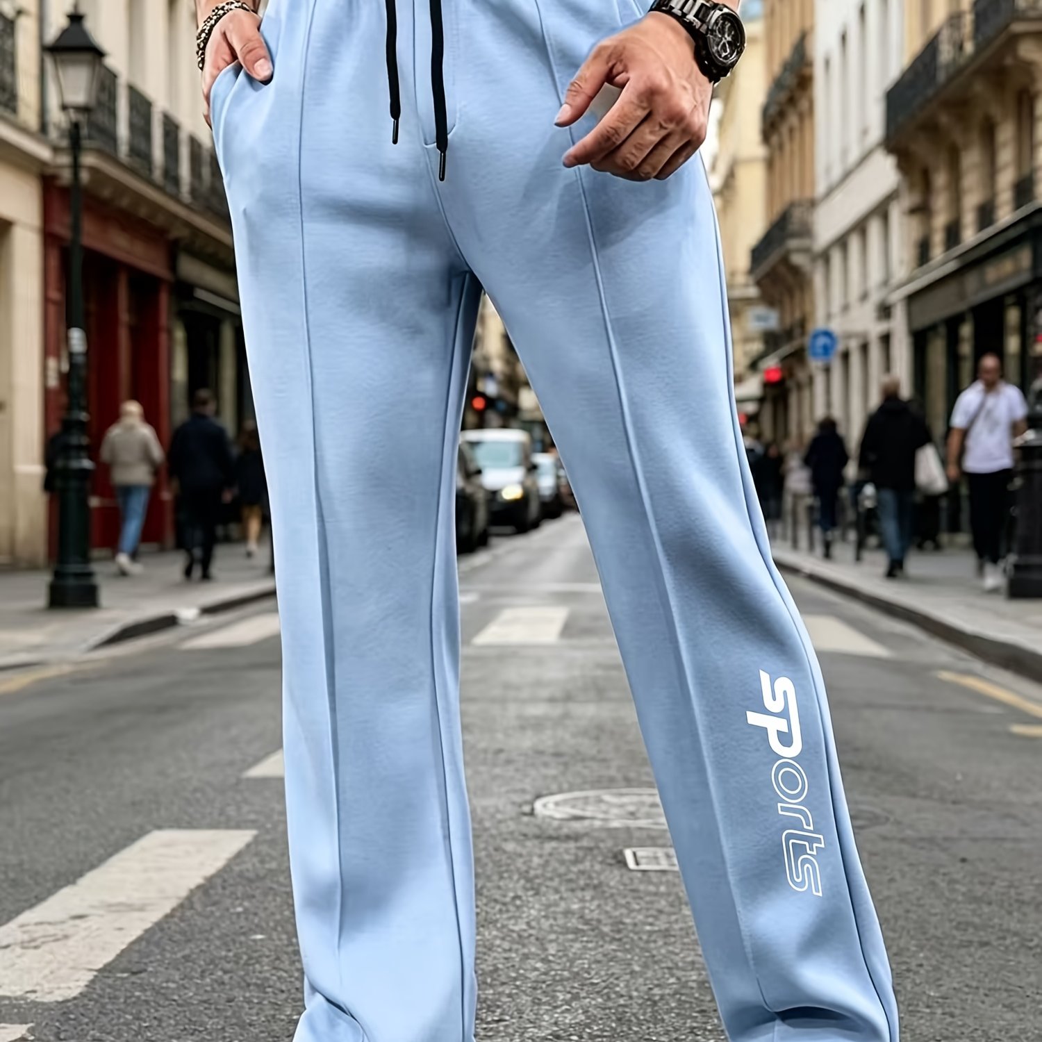TEMU Men's European And Casual Sports Pants, Featuring A Unique Letter Print Pattern On Comfortable And Stylish Fabric. The Drawstring Waistband Fits