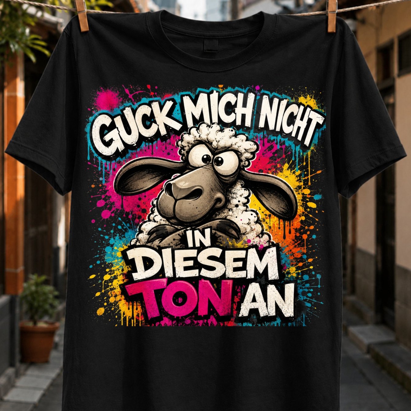 Black German Sheep With Cartoon Animal At Me Text And Grunge Colors Unisex All T-shirt