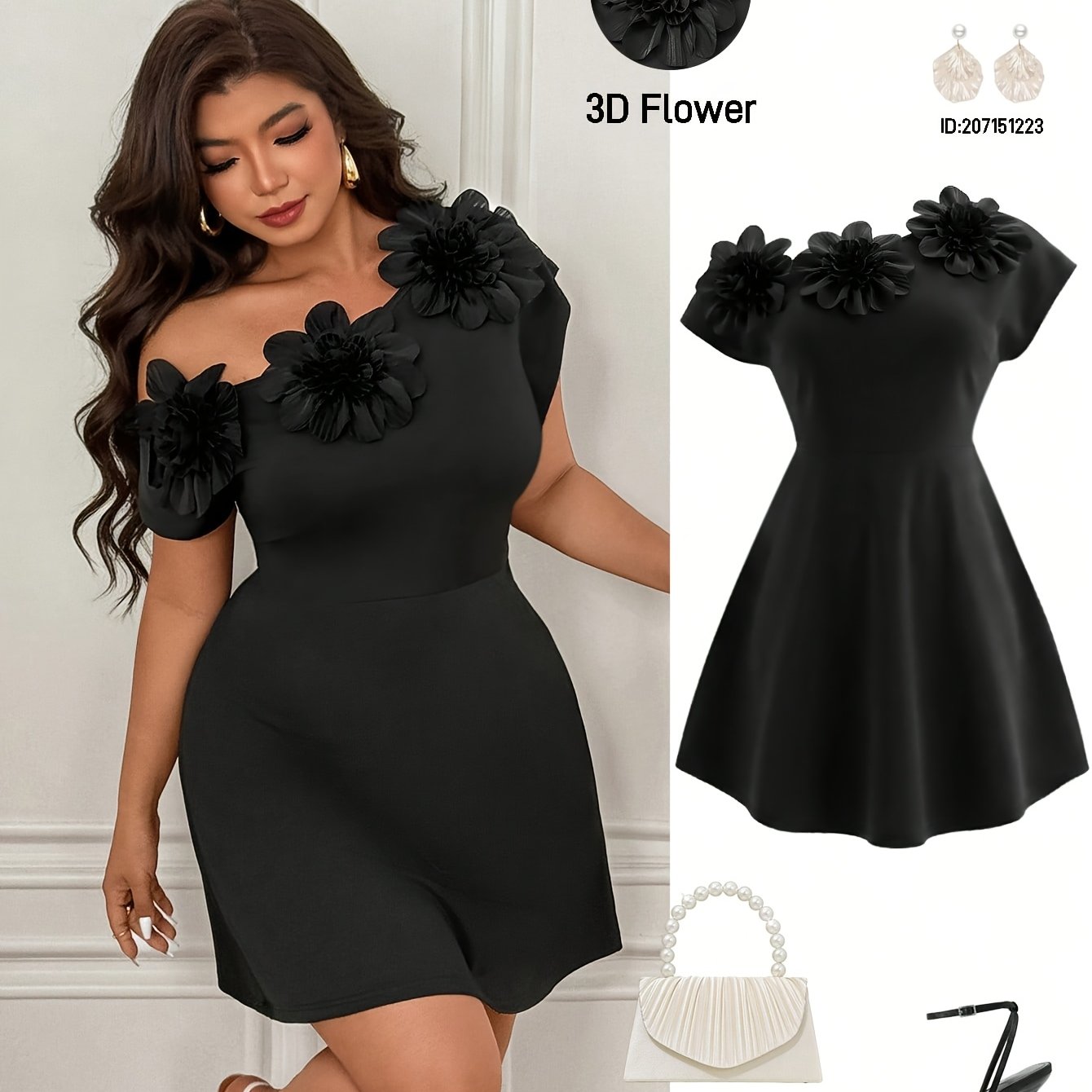TEMU Plus Size, Plus-size Women's Dress, Solid Color, Floral Embellishment, Pleated Shoulder Design, Fashionable Short Skirt.