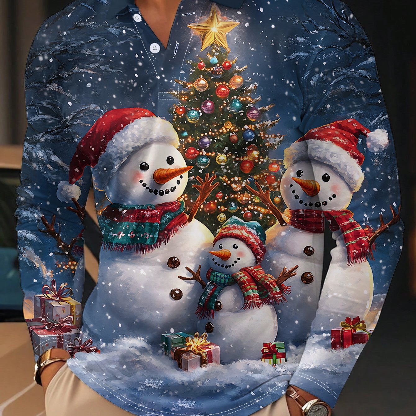 TEMU Christmas Snowman & 3d Print Shirt - Casual Long Sleeve With Collar, & Home