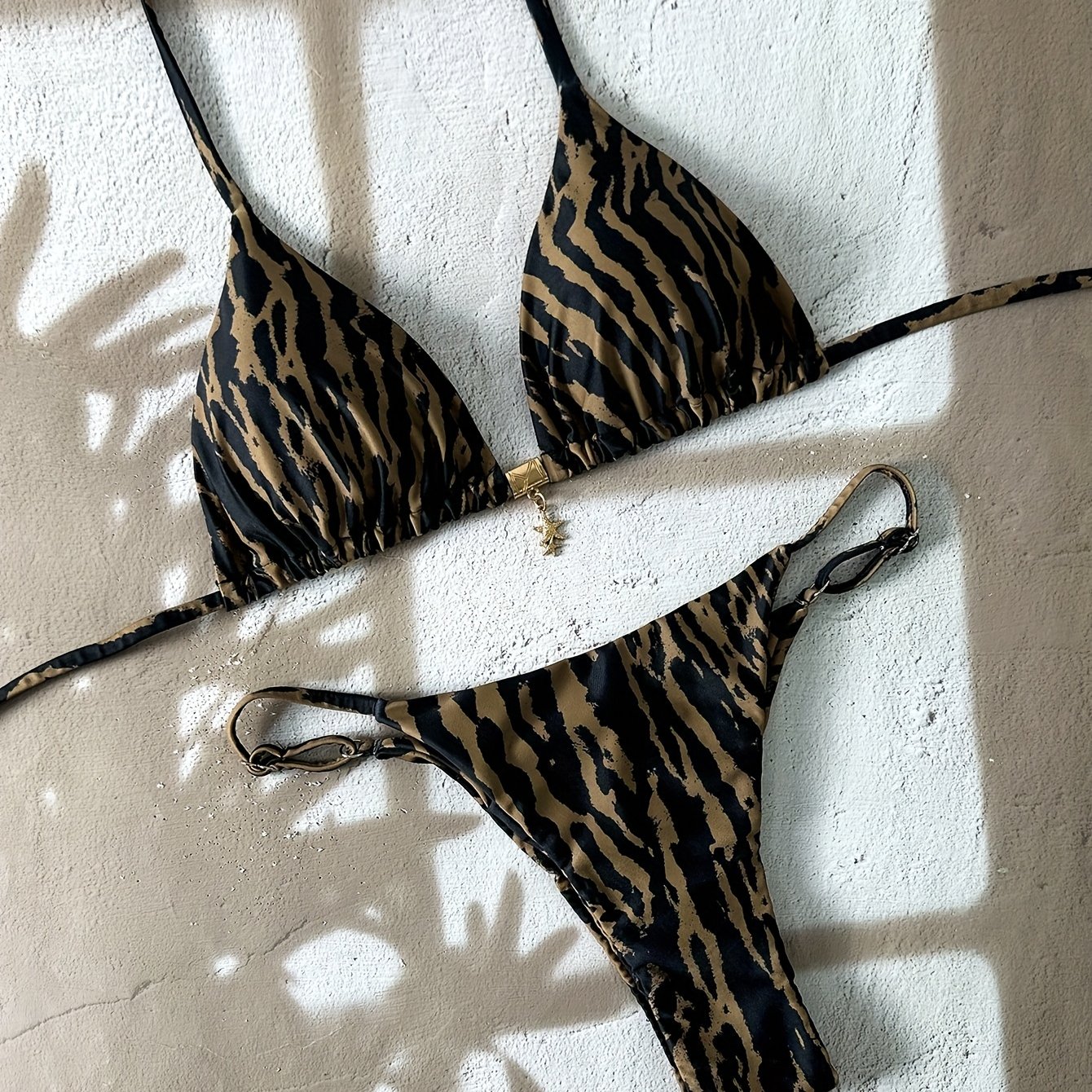 E-shop Damen Strandbekleidung, Leopardmuster Dünner Träger Metall Dekoration Sexy Bikini Set, Geeignet für Sommer Strandurlaub Schwimmen Set