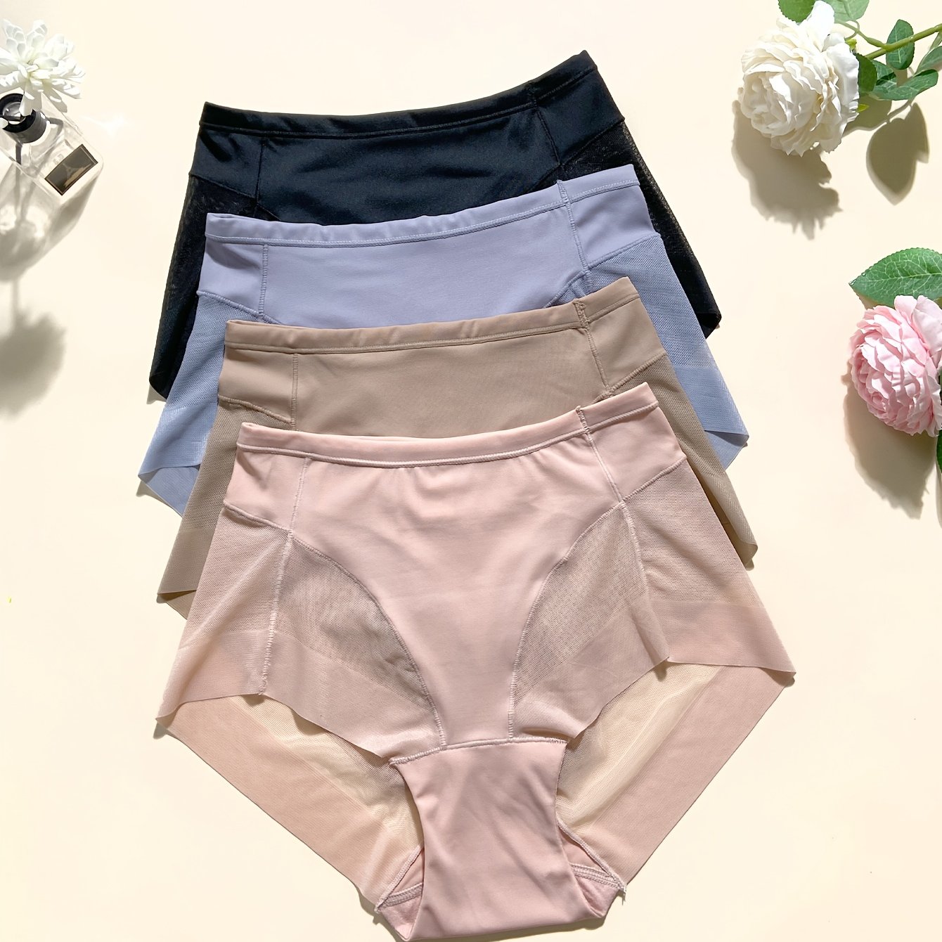 TEMU 4pcs Women's Panties, Sexy Mesh Breathable Comfortable Gusset Non-clinching Mid-waist Tummy Control Triangle Panties