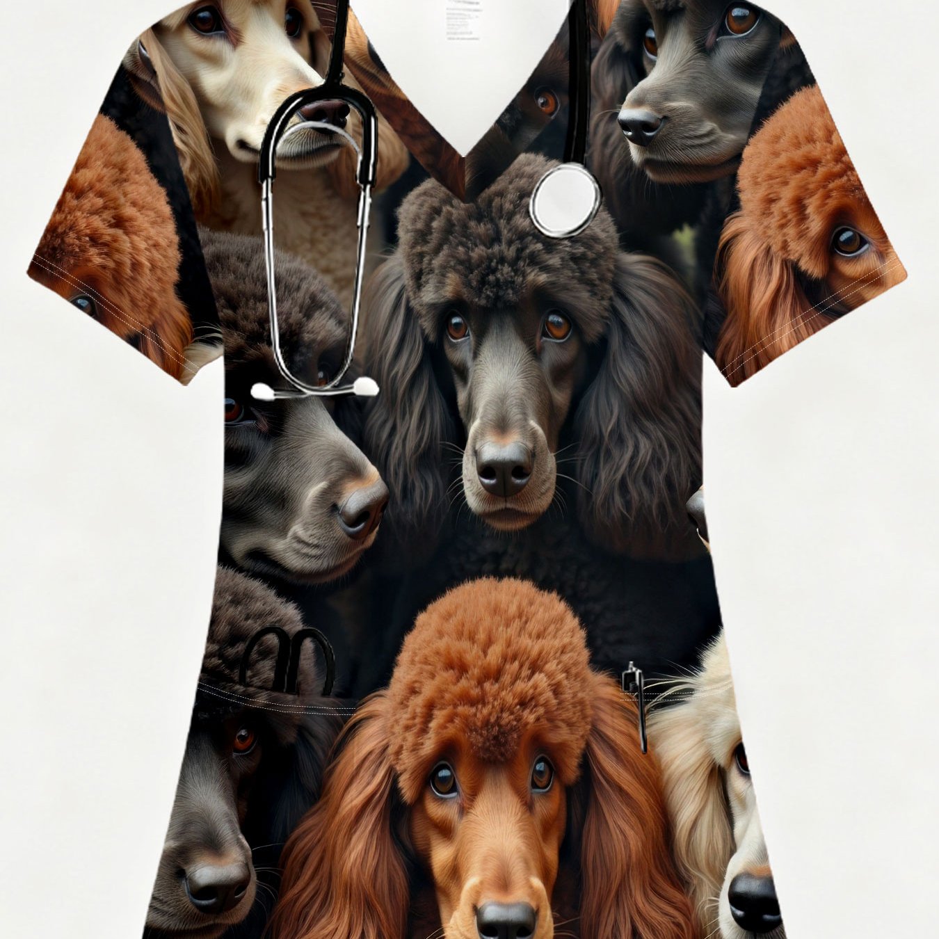 TEMU 's Fashion Print V-neck Short-sleeved T-shirt Uniform, Colorful Poodle- Pullover Design, Machine Washable, Soft, Breathable, Practical And