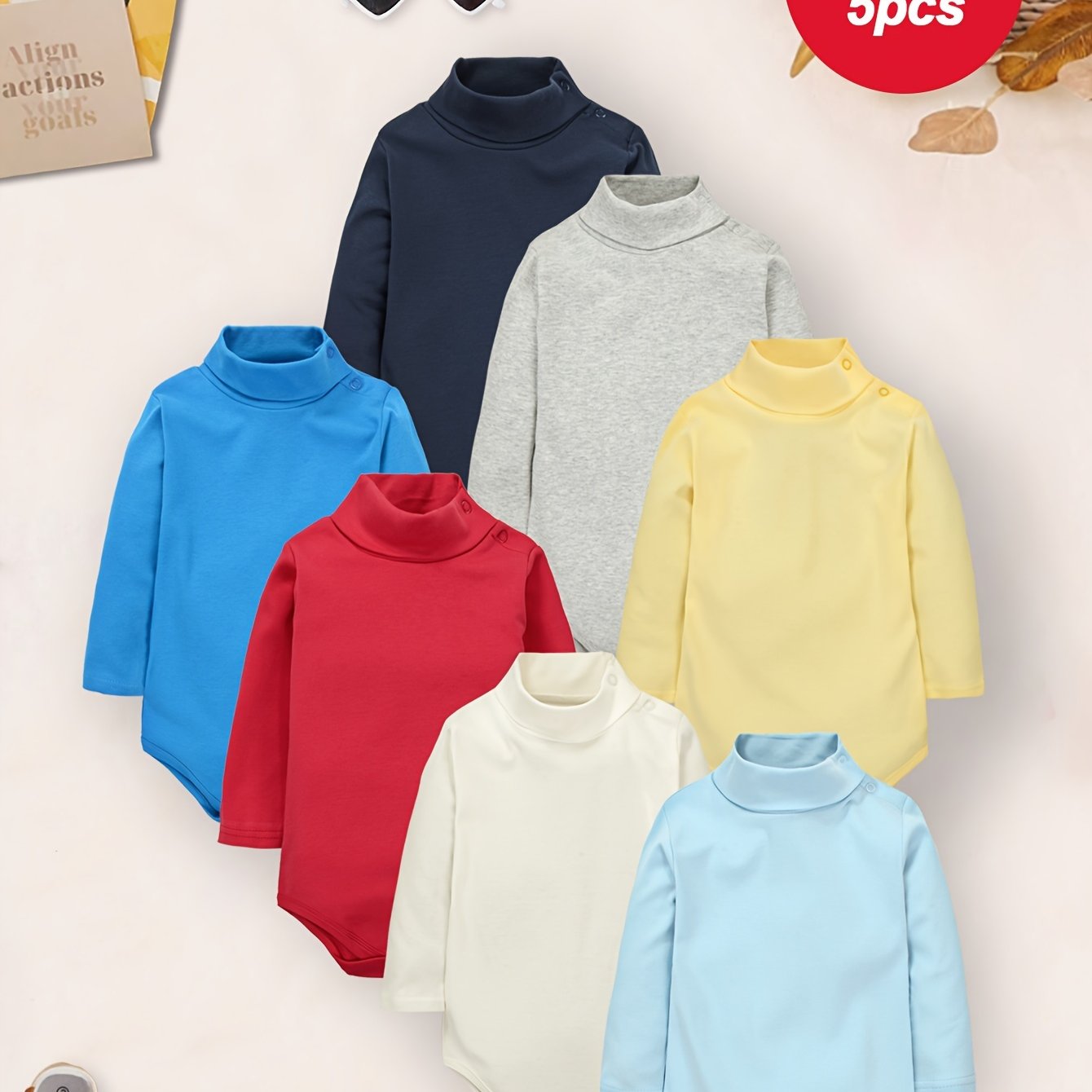 Image of 5pcs Random Baby Boy High Collar Long Sleeve Triangle Romper Easy Solid Color Baby Climbing Clothes Soft And Comfortable Baby Boy Clothing Perfect Gift For Baby, For Outdoor