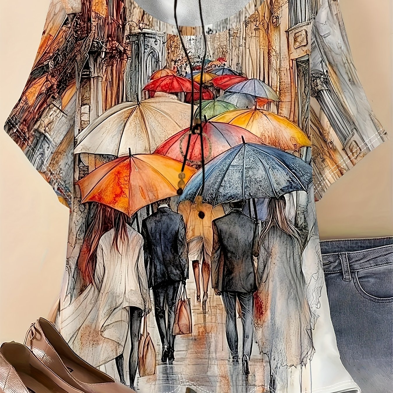 TEMU Plus Size, Damen Vintage Van Gogh Stil Kunst-Druck T-Shirt – Japanischer Regenschirm Regenstraße, Kombination aus Vincents „Sternennacht“
