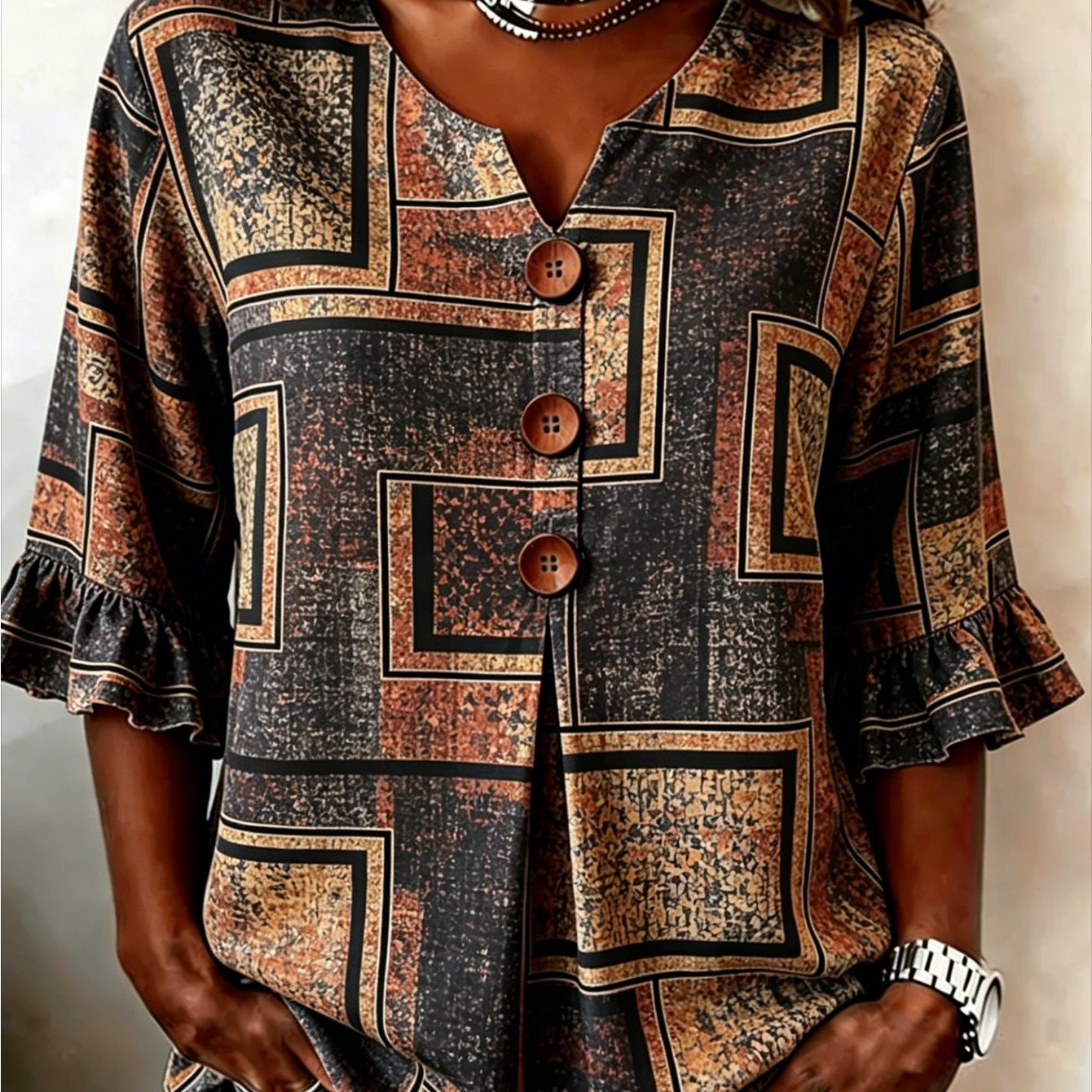 Image of Plus Size, Plus Size Women's V-neck Button Style Autumn Fabric Beige Geometric Printed Loose Top, Suitable For Casual Wear And Daily Matching, Is The Most Perfect Gift For Mothers And Sisters